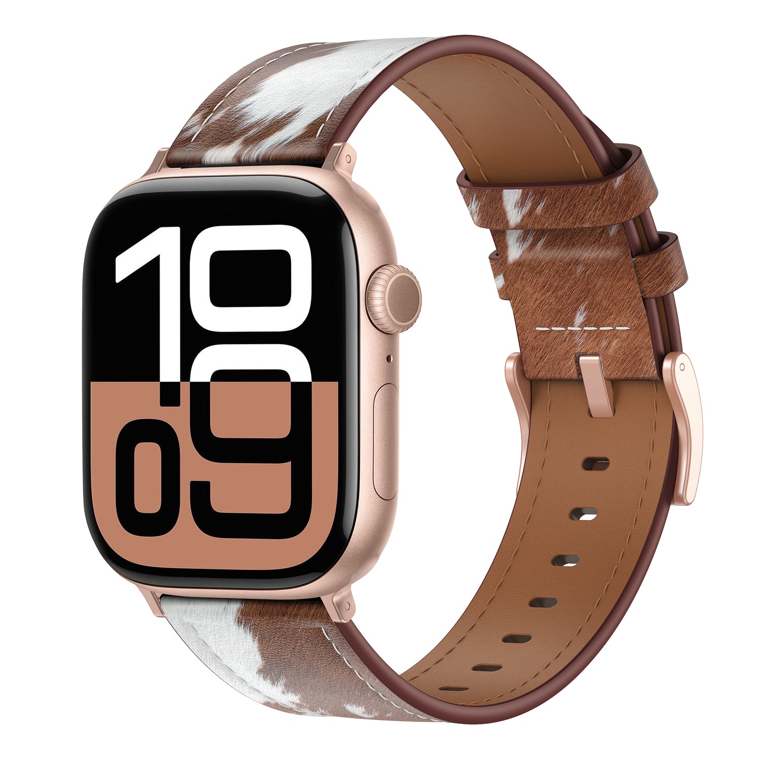 Roségoldene Smartwatch mit großen Ziffern auf dem Display, mit dem arktisband Apple Watch Lederarmband "Studio" - ein braun-weiß gemustertes Lederband von arktisband mit individuellem Design.