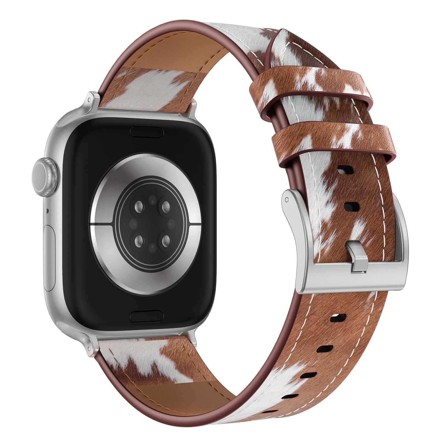 Das arktisband Apple Watch Lederarmband "Studio" zeichnet sich durch ein einzigartiges braun-weißes Rindsledermuster aus - dieses stylische Apple Watch Band von arktisband unterstreicht individuelles Design, dargestellt von der Rückseite.