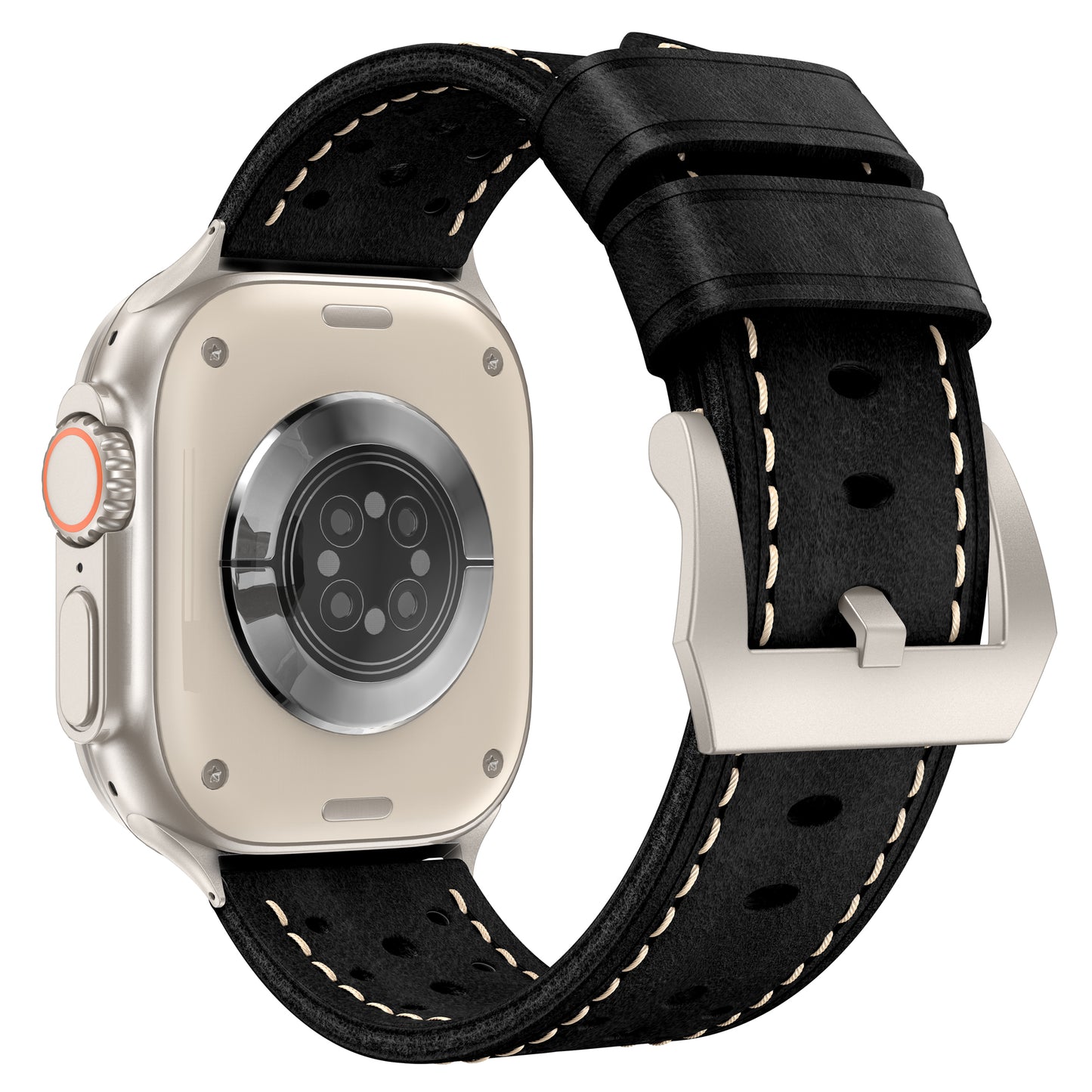 Das arktisband Apple Watch Lederarmband "Toronto" ist ein schwarzes Echtlederarmband mit einer silbernen Schnalle, hier von hinten.