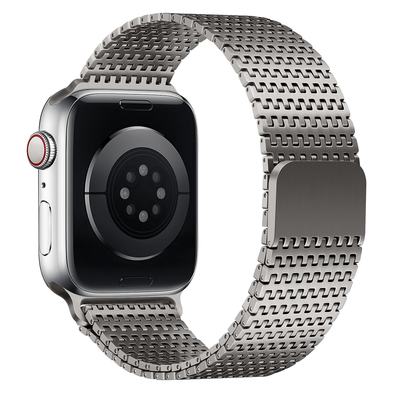 Eine Nahaufnahme des Arktisband Apple Watch Edelstahlarmbands „Aurora“ mit Magnetverschluss, das die hinteren Sensoren und die digitale Krone vor einem schlichten weißen Hintergrund zeigt.
