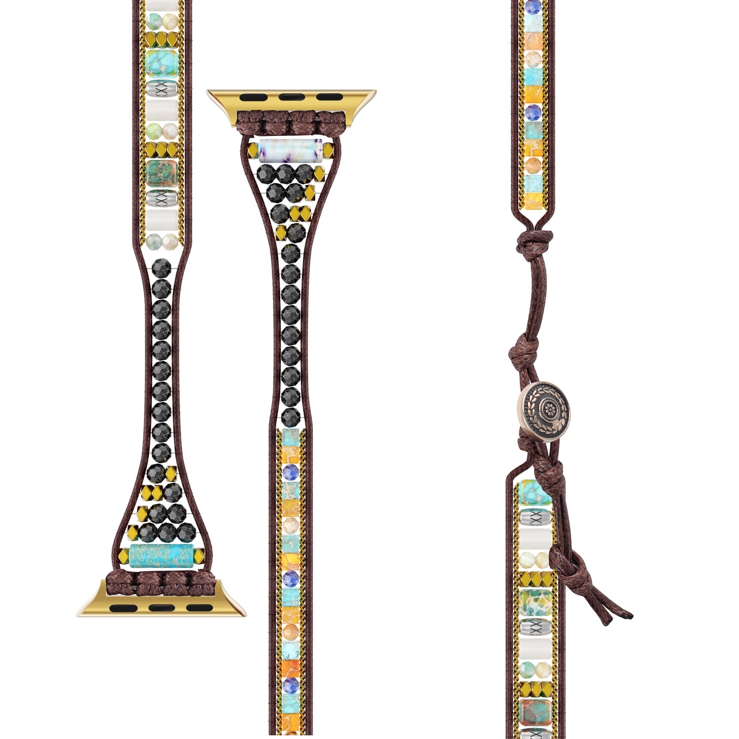 Das arktisband Apple Watch Armband "Dream Catcher" besticht durch ein farbenfrohes Boho-Design, goldene Edelstahl-Anschlüsse und einen braunen, verstellbaren Kordelverschluss, der aus verschiedenen Blickwinkeln betrachtet werden kann.
