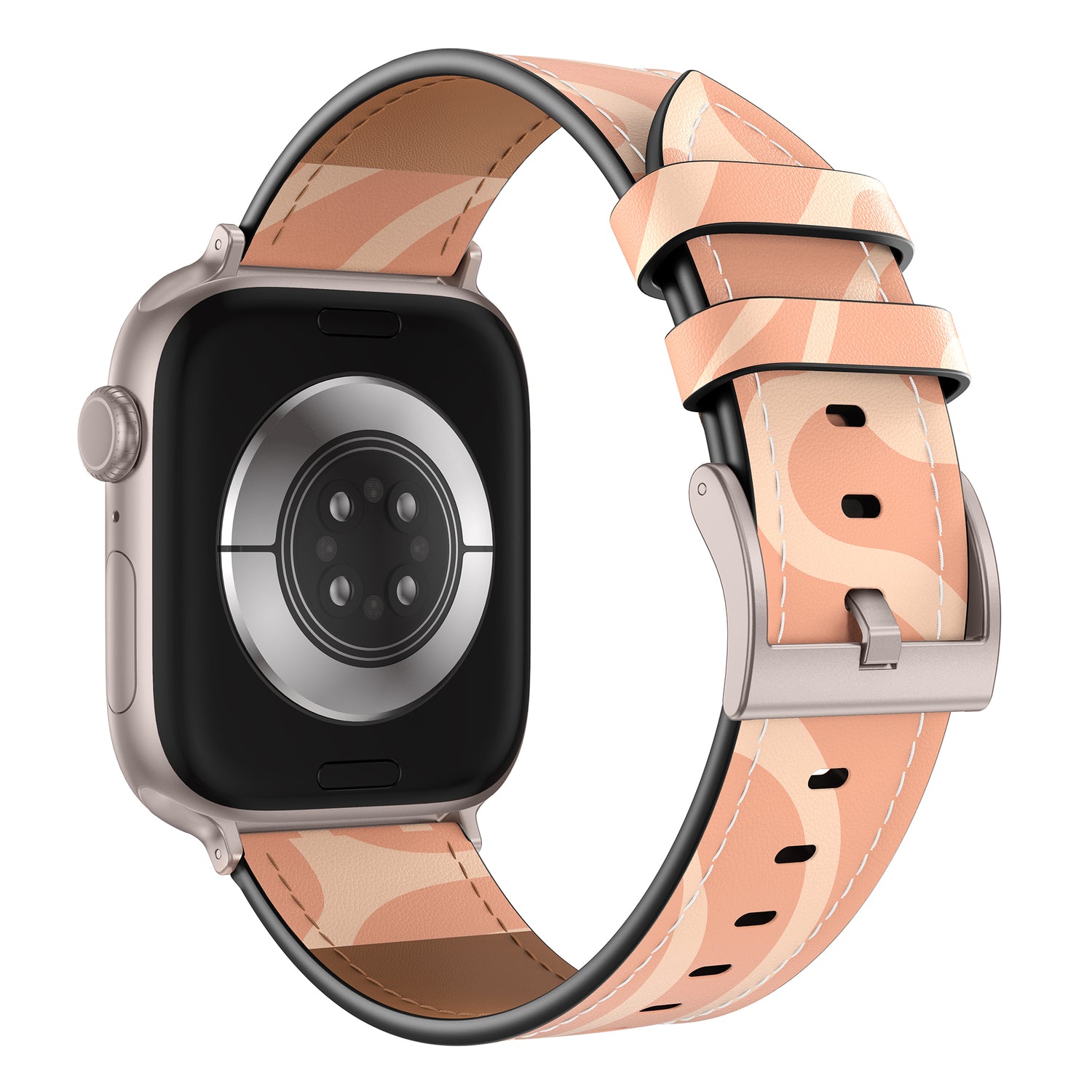 Das arktisband Apple Watch Lederarmband "Studio" in rosa und beigem Muster, von hinten gezeigt, um Sensoren und Schnalle zu zeigen - ideal für alle, die individuelles Design von arktisband in echtem Leder suchen.