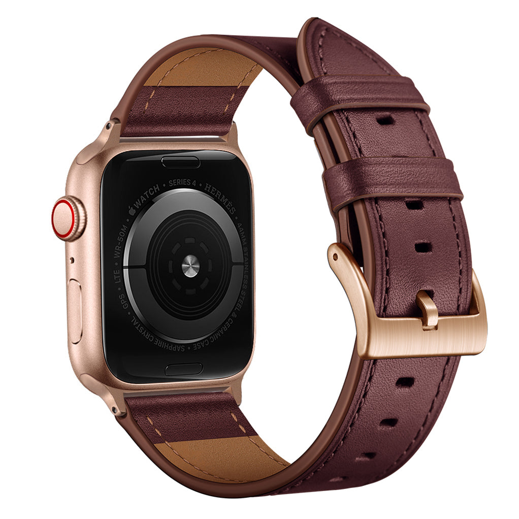 Das arktisband Apple Watch Lederarmband "Premium" in Roségold verfügt über ein echtes braunes Lederarmband, kompatibel mit der Apple Watch, dargestellt von der Rückseite mit sichtbarer Schließe und Sensor.