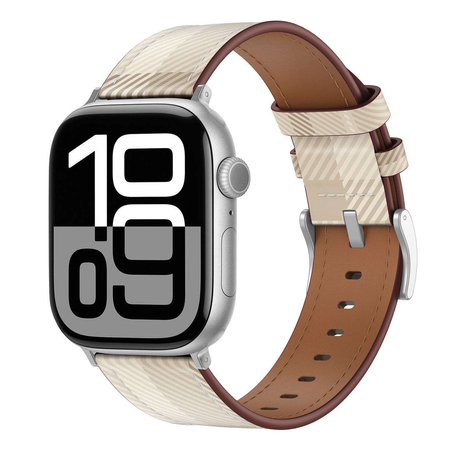 Eine silberne Smartwatch mit fetter Digitalanzeige und das arktisband Apple Watch Lederarmband "Studio" - ein beiges Lederarmband mit braunen Kanten von arktisband für ein individuelles Design.