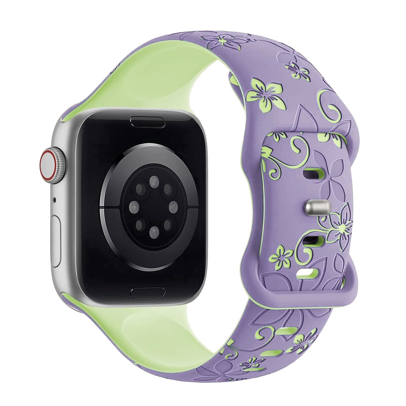 Arktisband Apple Watch Silikonarmband "Bloom" mit floralem Muster, violettem Blumen-Design und grünem Innenfutter, kompatibel mit Apple Watch, von hinten gezeigt.