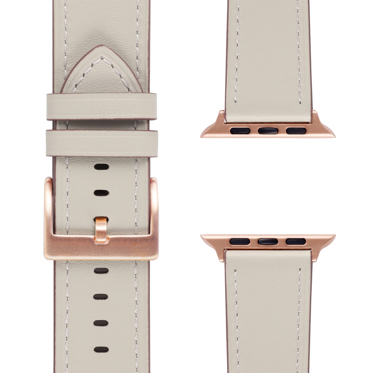Das arktisband Apple Watch Lederarmband "Premium" aus Echtleder in Beige mit roségoldener Schließe und Steckverbindern, kompatibel mit Apple Watch, wird aus verschiedenen Blickwinkeln auf weißem Hintergrund präsentiert.