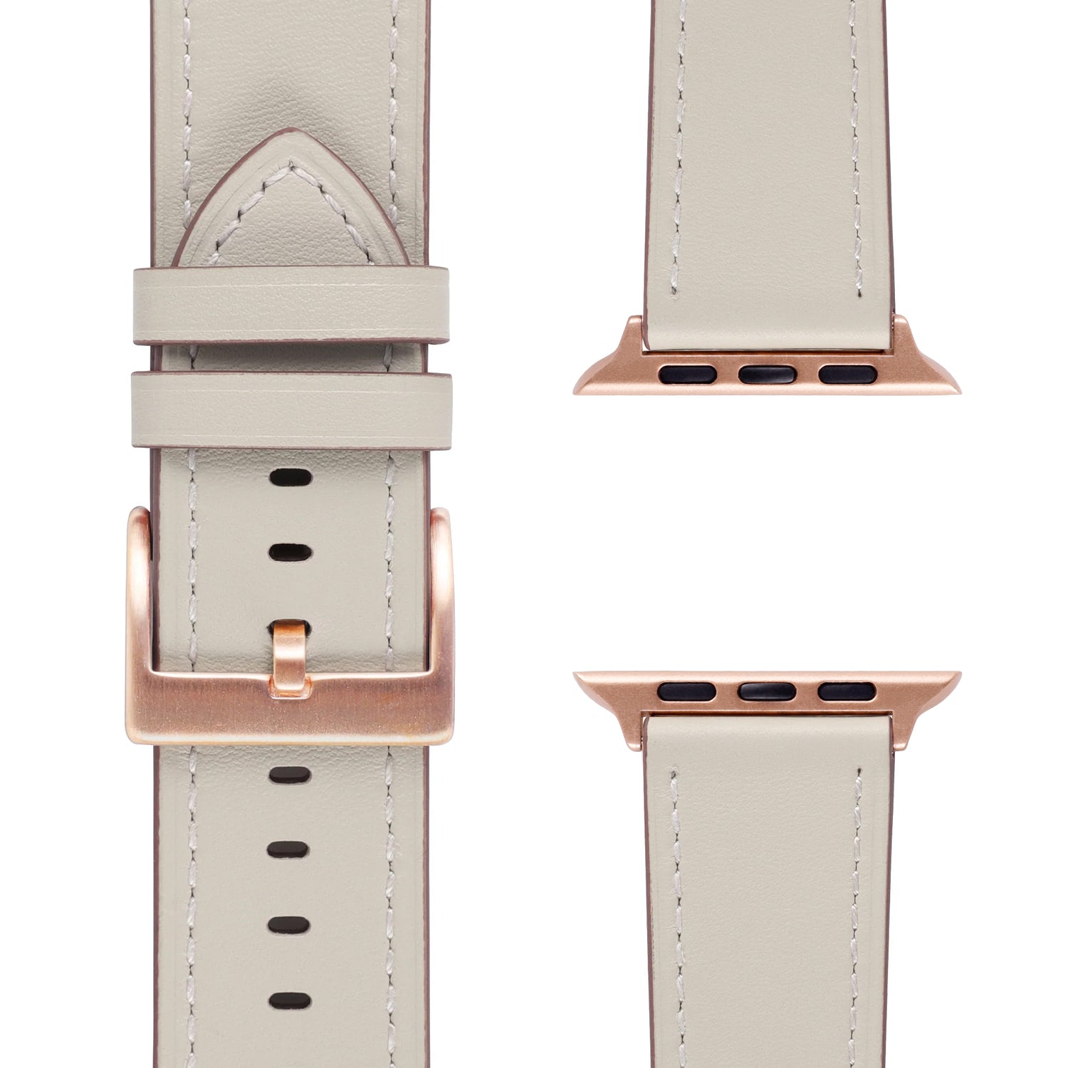 Das arktisband Apple Watch Lederarmband "Premium" aus Echtleder in Beige mit roségoldener Schließe und Steckverbindern, kompatibel mit Apple Watch, wird aus verschiedenen Blickwinkeln auf weißem Hintergrund präsentiert.