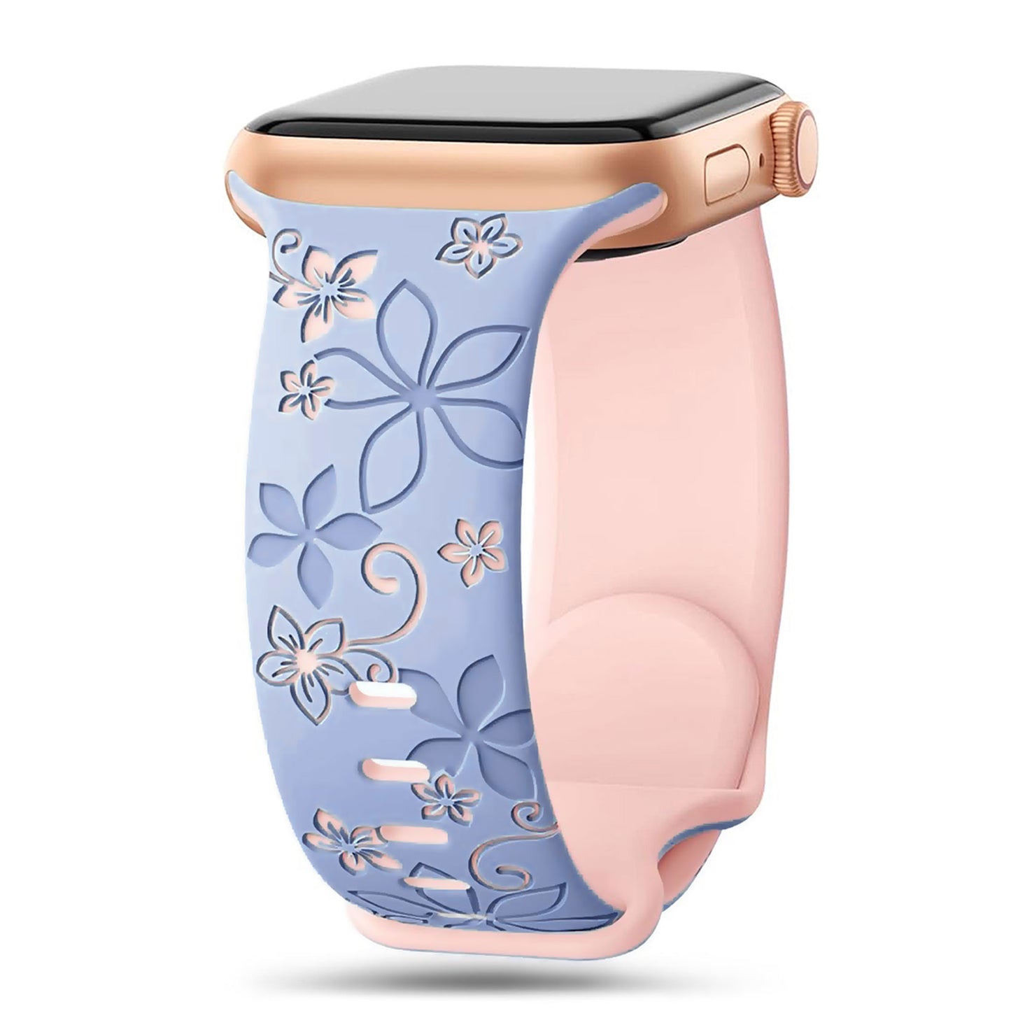 Das arktisband Apple Watch Silikonarmband "Bloom" ist ein lavendelfarbenes Band mit geprägtem Blumenmuster, das mit der Ultra Series kompatibel ist - perfekt für Ihre Apple Watch mit rosa Gehäuse.