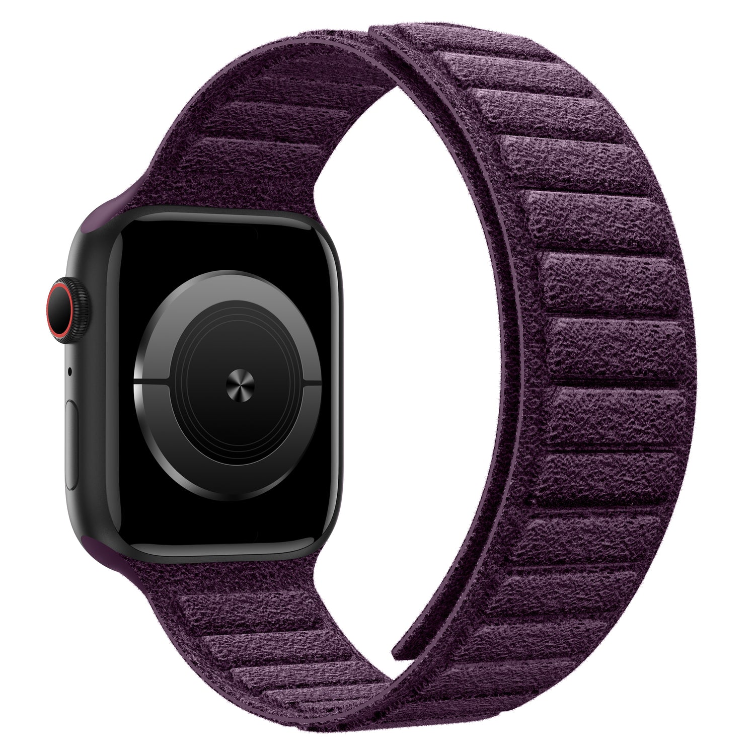 Das arktisband Apple Watch magnetisches Armband aus Alcantara in dunkelviolett mit strukturierter Oberfläche ist auf weißem Hintergrund abgebildet.