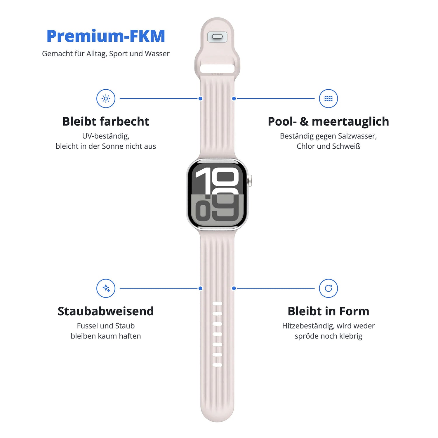 Wir stellen vor: das arktisband Apple Watch-Armband „Skandi“ – ein beiges Smartwatch-Armband von arktisband, das laut Herstellerangaben UV-beständig, staub-, hitze- und wasserabweisend ist und seine Form behält. Dieses von Skandinavien inspirierte Armband besteht aus robustem Fluorelastomer und ist mit deutschen Schriftzügen versehen, was ihm einen minimalistischen und eleganten skandinavischen Look verleiht.