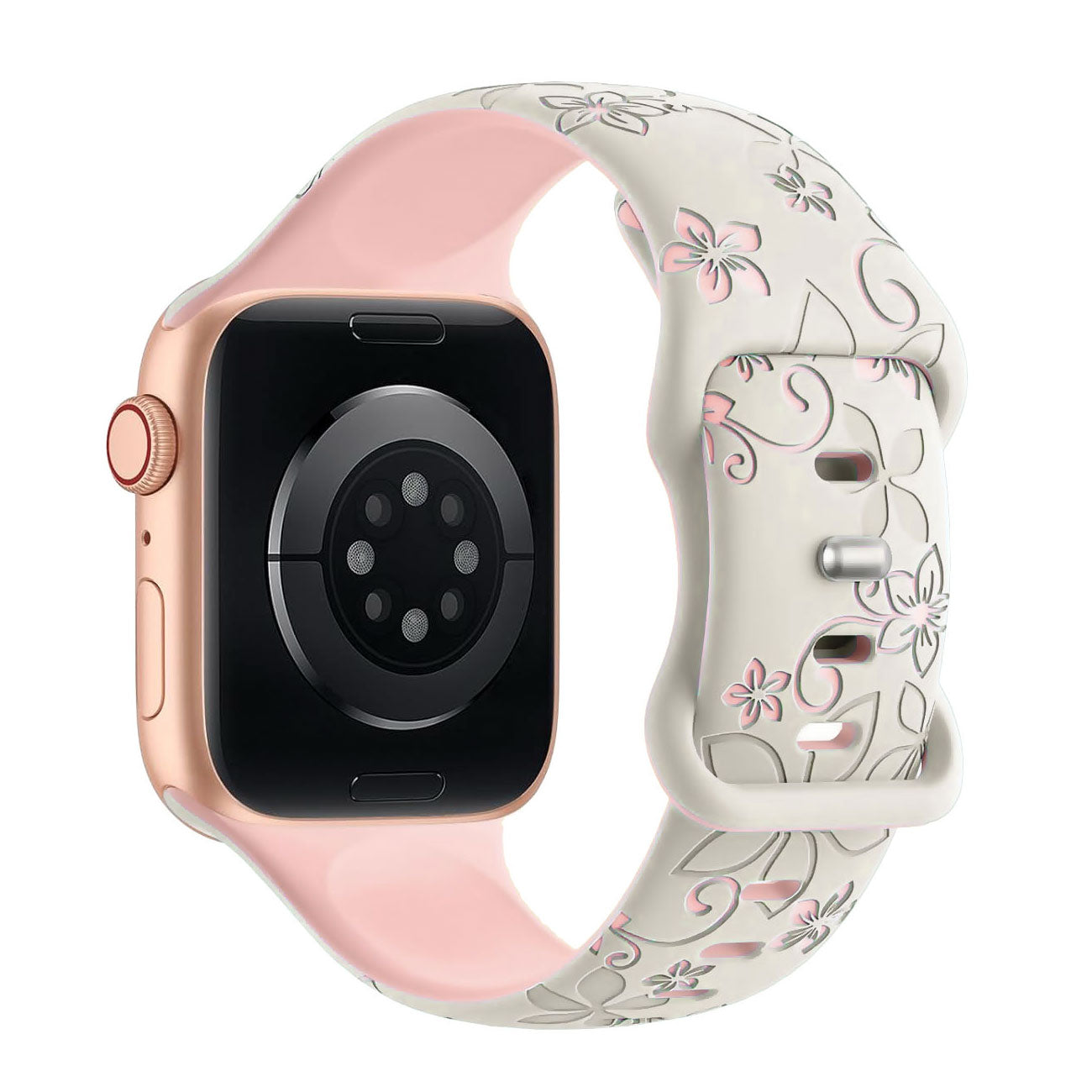 Das arktisband Apple Watch Silikonarmband "Bloom" zeigt ein rosa Blumenmuster auf weißem Grund, das von der Rückseite gezeigt wird, um die Sensoren und die Schnalle hervorzuheben; kompatibel mit Apple Watch Modellen.