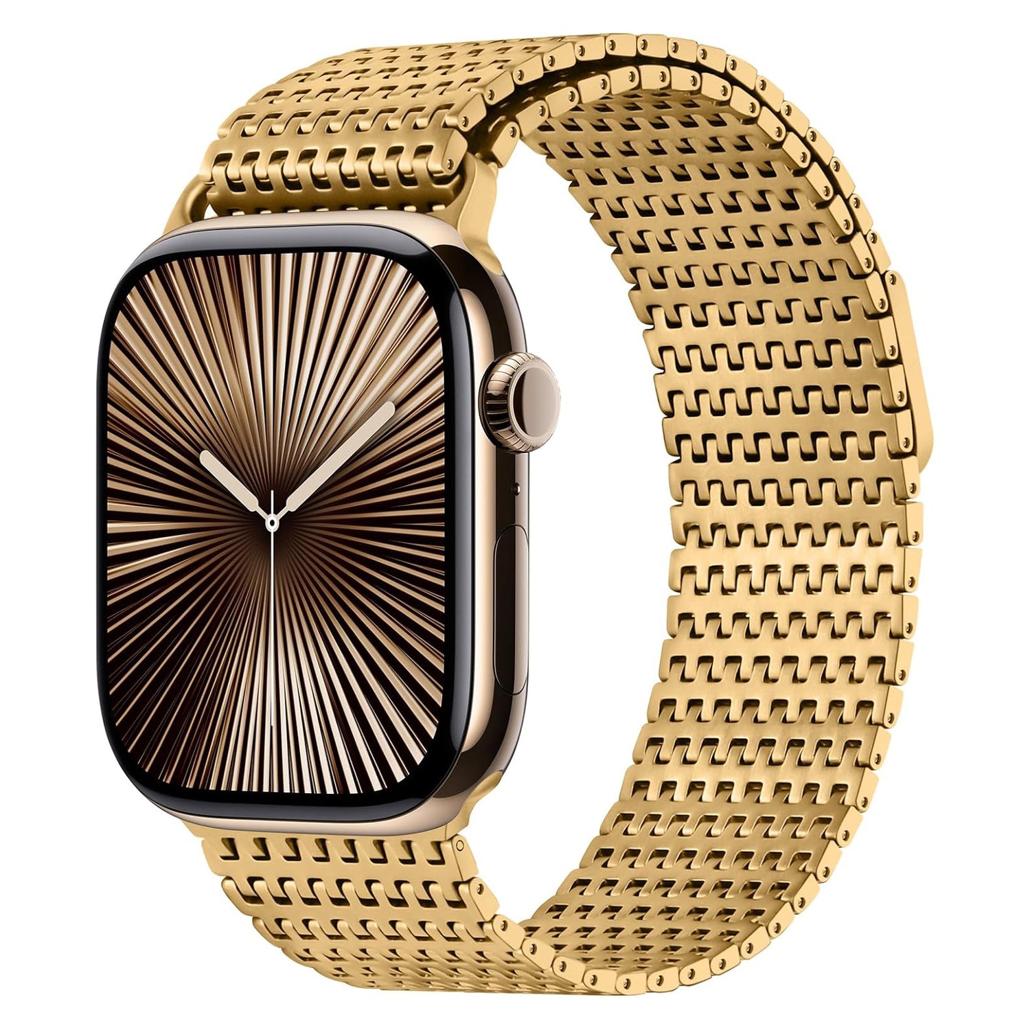 Das arktisband Apple Watch Edelstahl Armband „Aurora“ in Gold verfügt über ein Sunburst-Display mit 10:09 Uhr und einen eleganten Magnetverschluss für sicheren Halt.