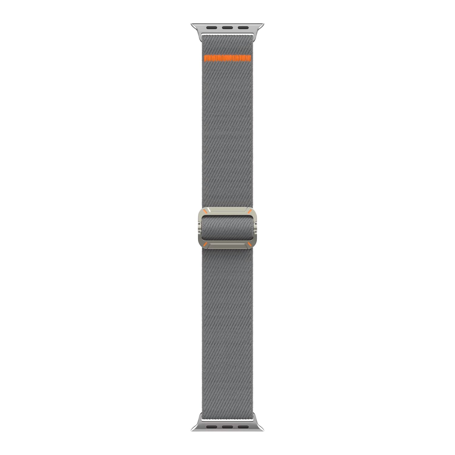 Das arktisband Apple Watch Nylonarmband "FlexOne" ist ein graues gewebtes Band mit leuchtend orangefarbenen Akzenten und einer schlanken rechteckigen Metallschnalle, kompatibel mit der Apple Watch.