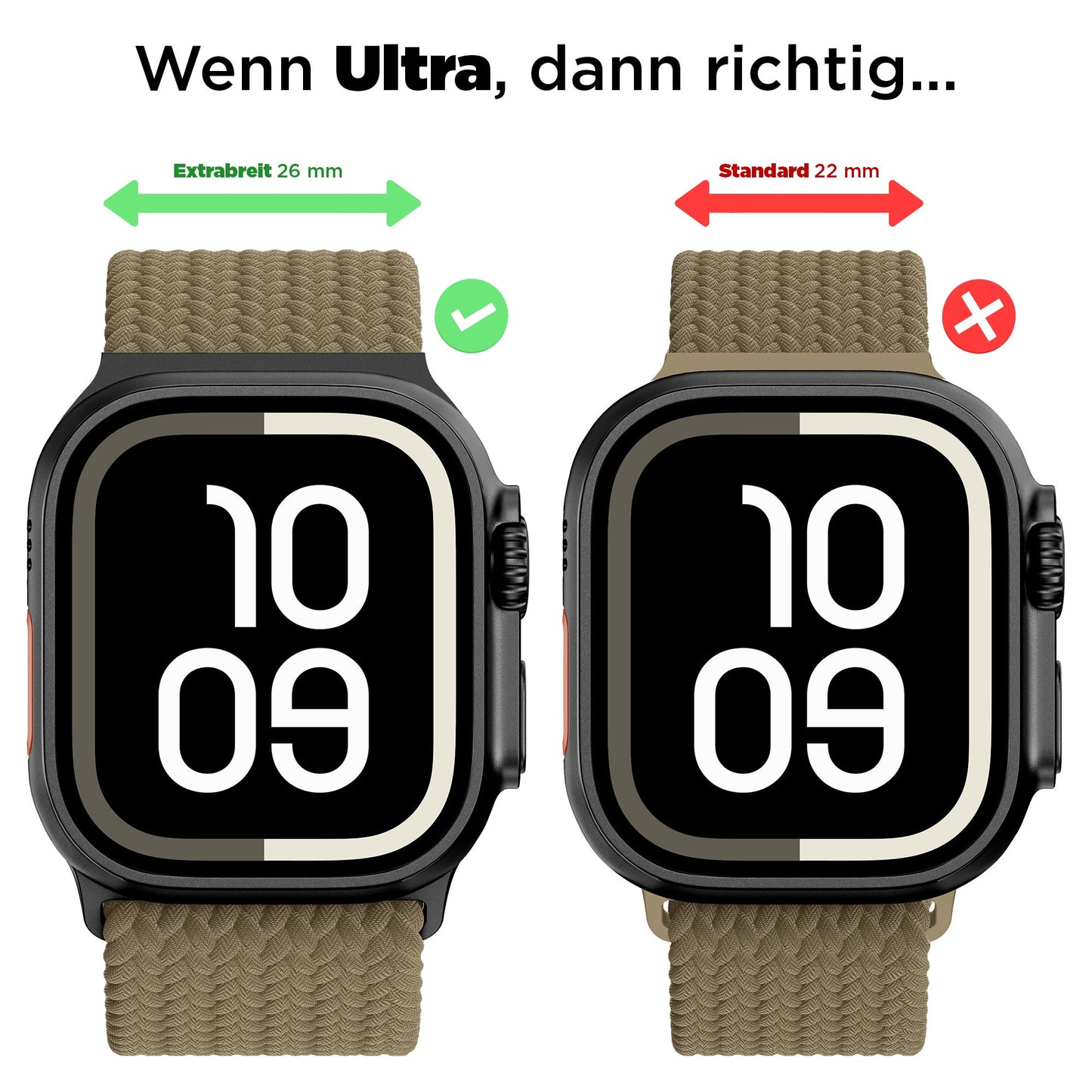Vergleich eines 26-mm-Arktisband-Armbands Casual für die Apple Watch Ultra mit einem Häkchen und eines 22-mm-Armbands mit einem X.