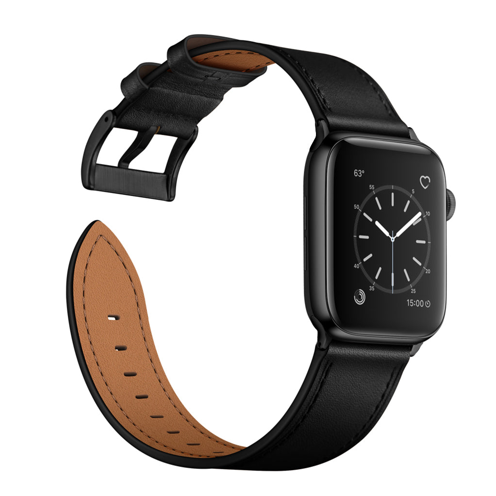 Schwarze Smartwatch mit quadratischem Display und Zifferblatt, gepaart mit dem arktisband Apple Watch Lederarmband "Premium" von arktisband für einen stilvollen Look.