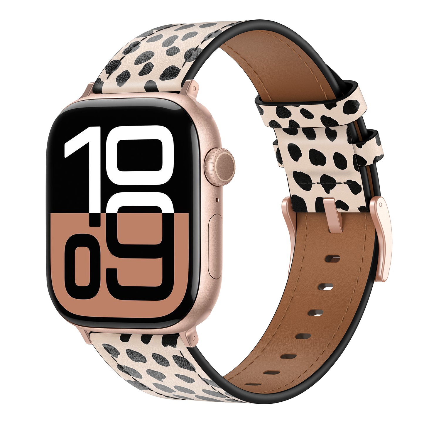 Das arktisband Apple Watch Lederarmband "Studio" ist ein gepunktetes beige-schwarzes Lederarmband für die Apple Watch, das sich durch eine große digitale Zeitanzeige und ein individuelles Design auszeichnet.