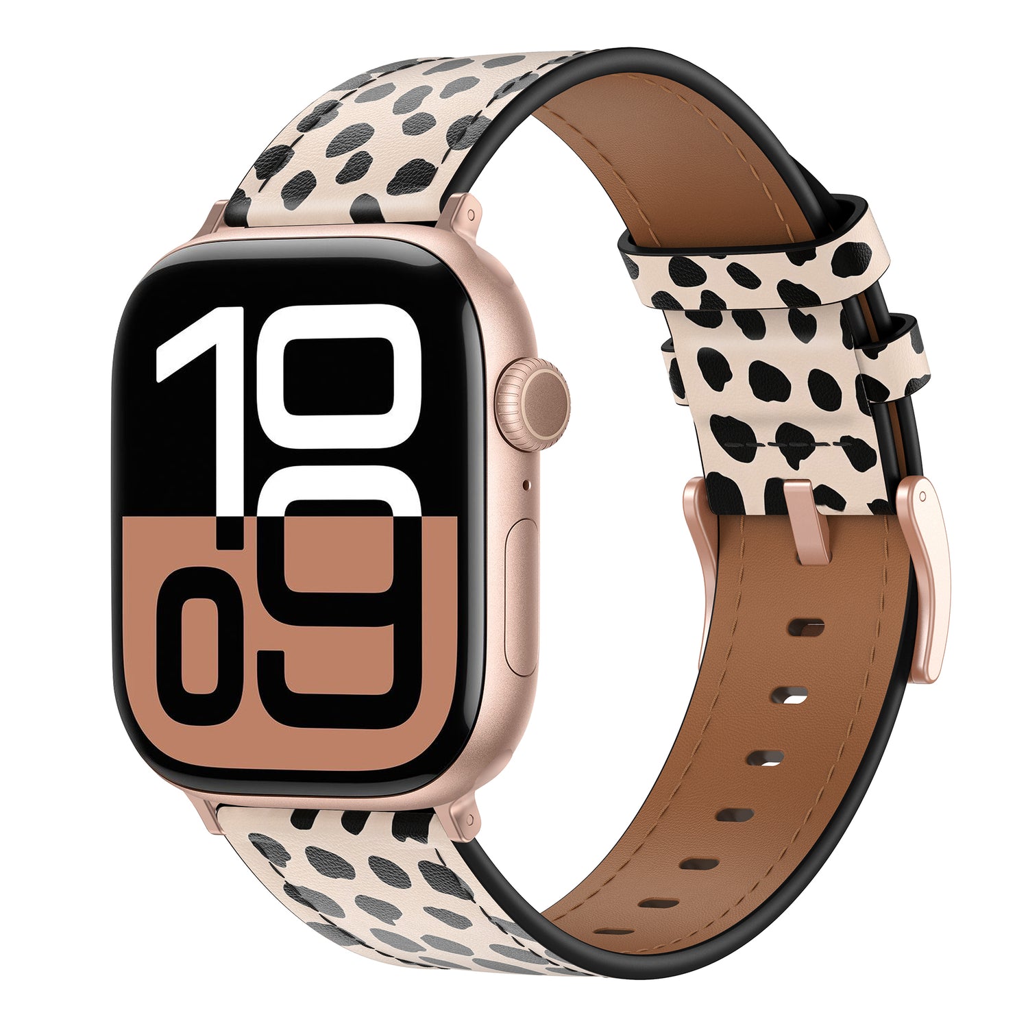 Das arktisband Apple Watch Lederarmband "Studio" ist ein gepunktetes beige-schwarzes Lederarmband für die Apple Watch, das sich durch eine große digitale Zeitanzeige und ein individuelles Design auszeichnet.