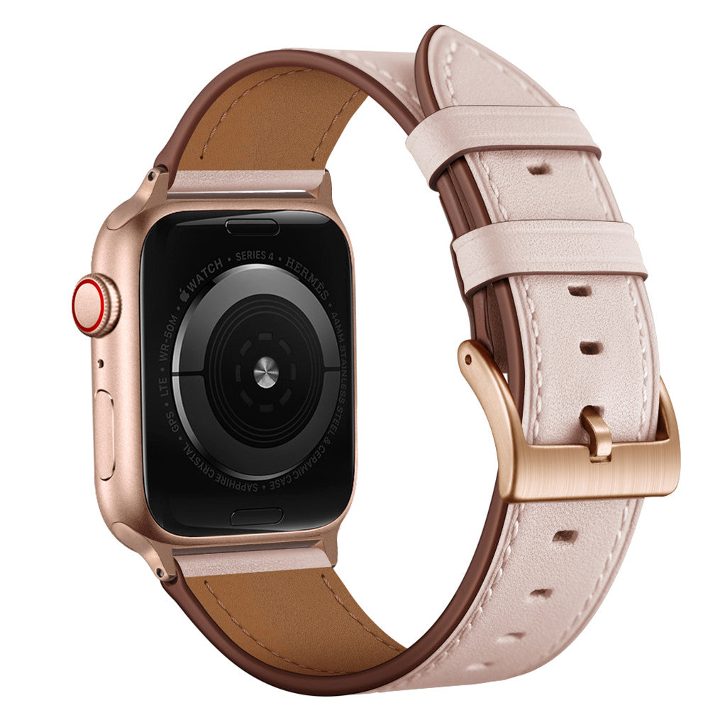 Das Arktisband Apple Watch Lederarmband "Premium" hat ein hellrosa Echtlederband mit einer roségoldenen Schnalle, hier von hinten. Apple Watch kompatibel.