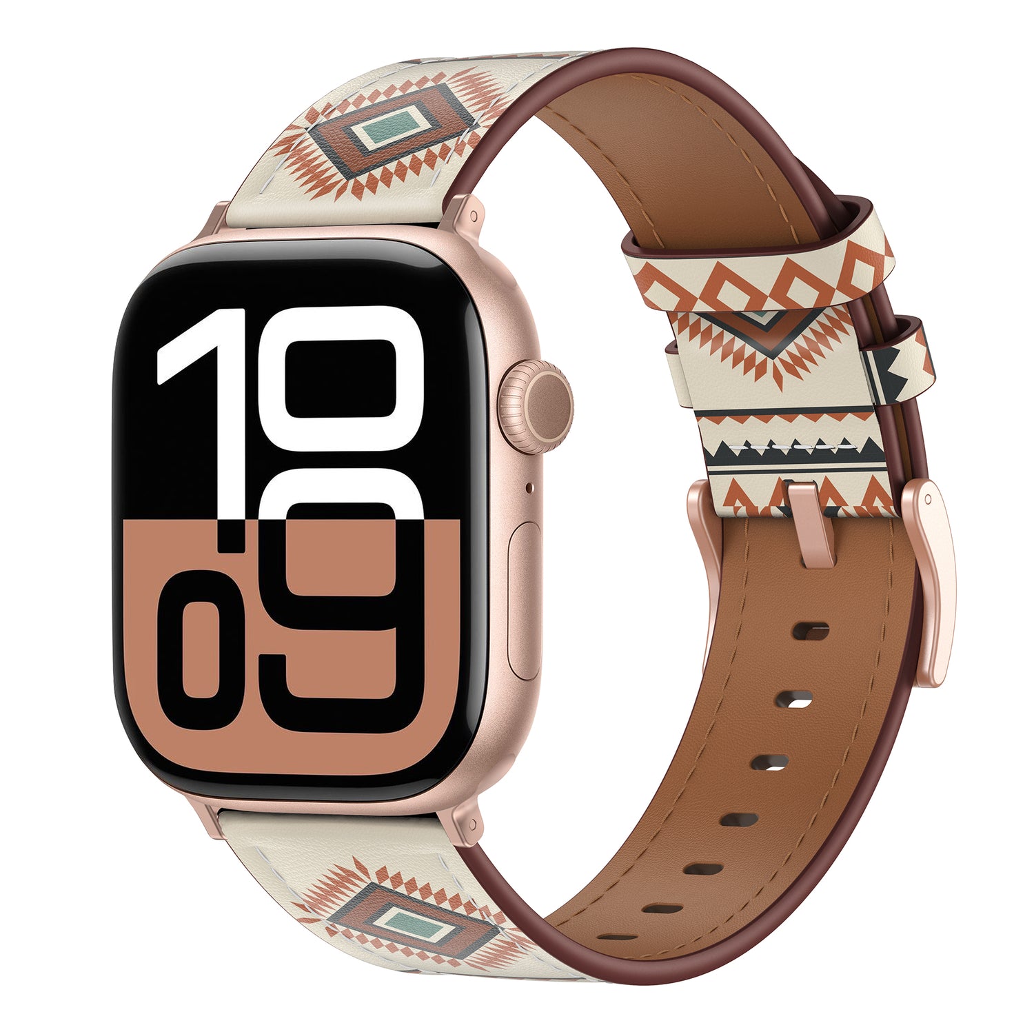 Das arktisband Apple Watch Lederarmband "Studio" in Roségold zeichnet sich durch ein geometrisches Echtlederband und eine auffällige 10:09 Digitalanzeige aus - ideal für alle, die individuelles Design zu schätzen wissen.
