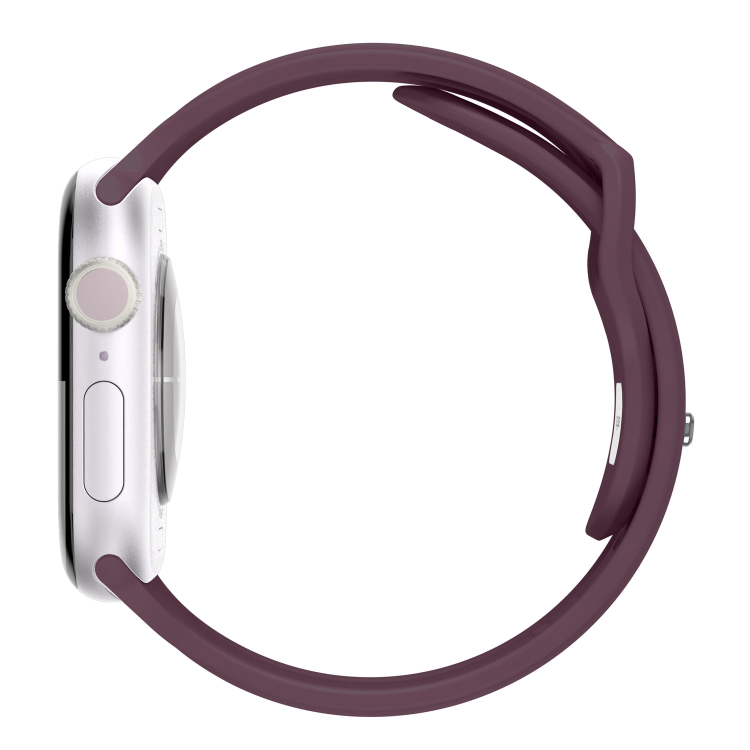 Seitenansicht des arktisband Apple Watch Armbands "Skandi" von arktisband mit lila Fluorelastomer-Sportband, rundem Zifferblatt, Knöpfen und dezenten Skandi-Design-Elementen.