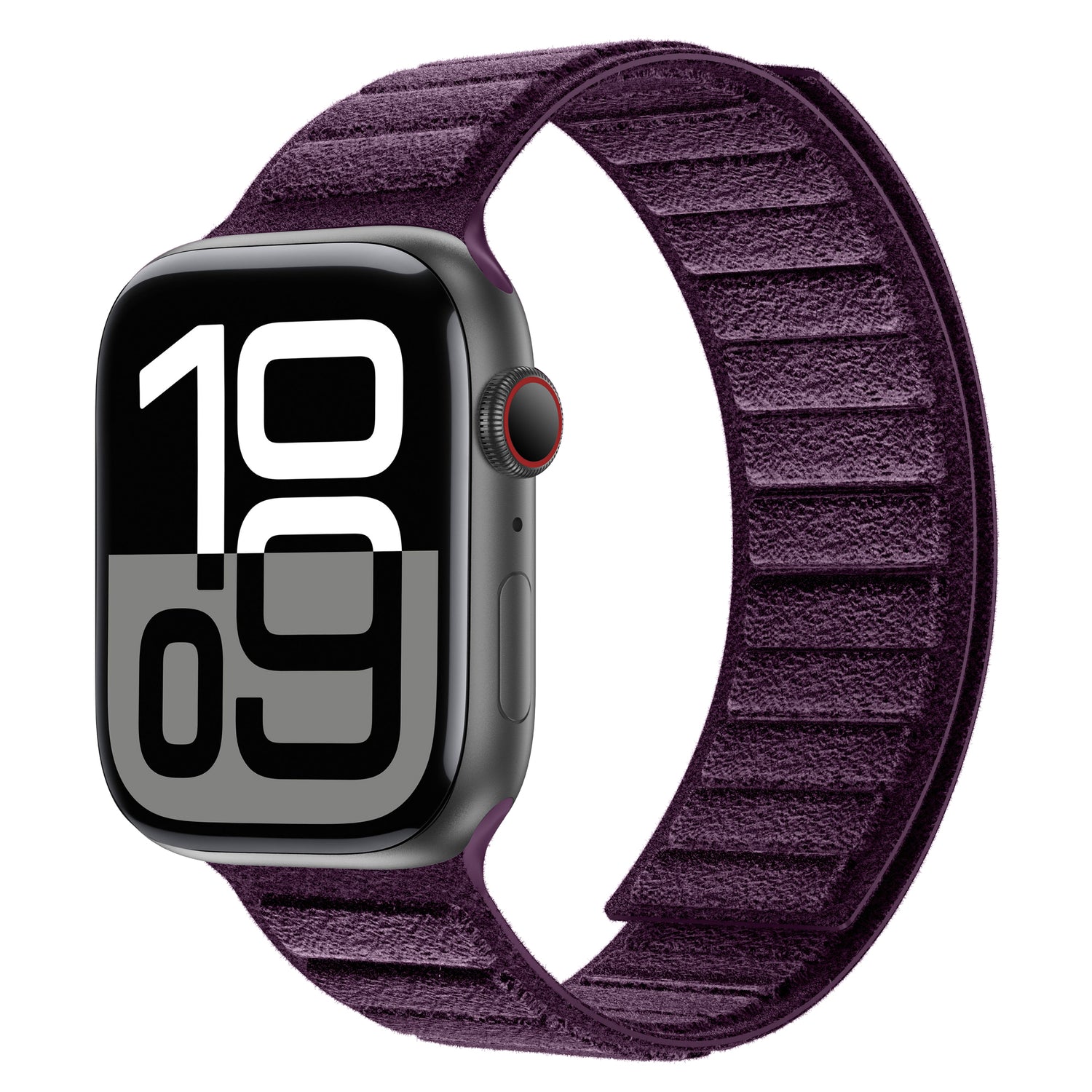 Das arktisband Apple Watch magnetisches Armband aus Alcantara verfügt über ein stilvolles lilafarbenes strukturiertes Armband und eine auffällige weiße Digitalanzeige, die italienische Handwerkskunst für Komfort und Stil widerspiegelt.
