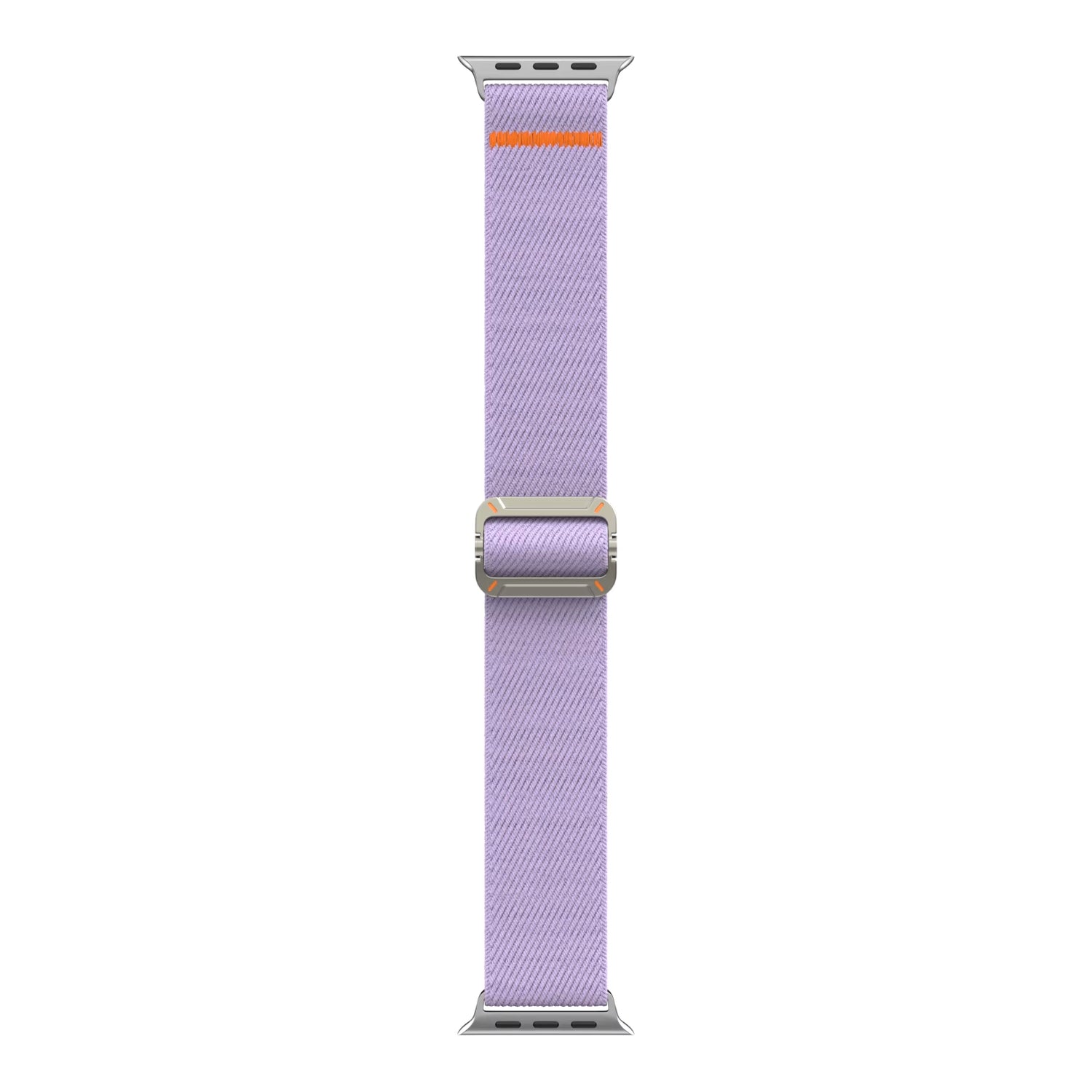 Das arktisband Apple Watch Nylonarmband "FlexOne" hat ein lavendelfarbenes Stretch-Nylonband mit silbernen Anschlüssen und einem orangefarbenen Akzent, das Stil und Komfort für Ihre Apple Watch vereint.