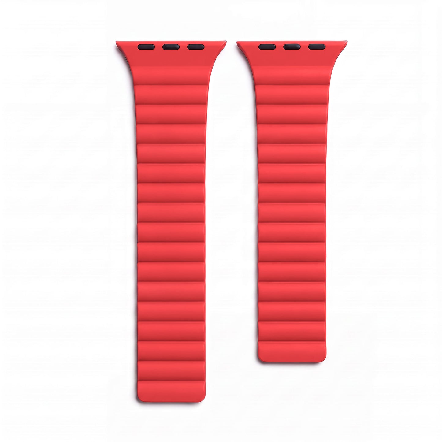 Zwei Teile eines roten, gerippten Arktisband-Apple-Watch-Armbands aus magnetischem Silikon namens Ligo.