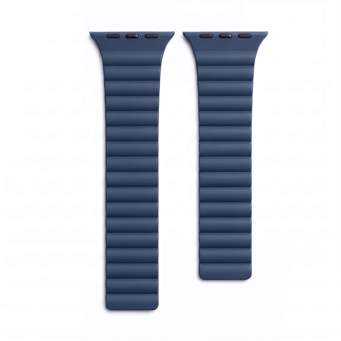 Zwei Teile eines dunkelblauen, gerippten Arktisband-Silikonarmbands Ligo für die Apple Watch.