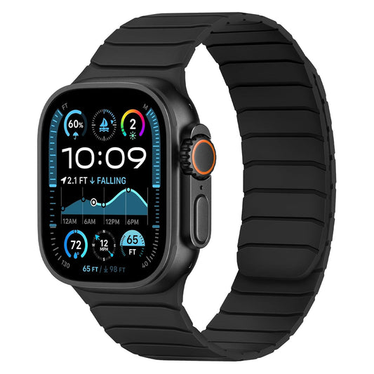 Das arktisband Apple Watch magnetisches Armband „MagFlow“ in Schwarz bietet sicheren magnetischen Halt und ein weiches Silikonband für Ganztageskomfort. Das farbige Display zeigt Zeit, Wetter, Herzfrequenz und Fitnessdaten an.