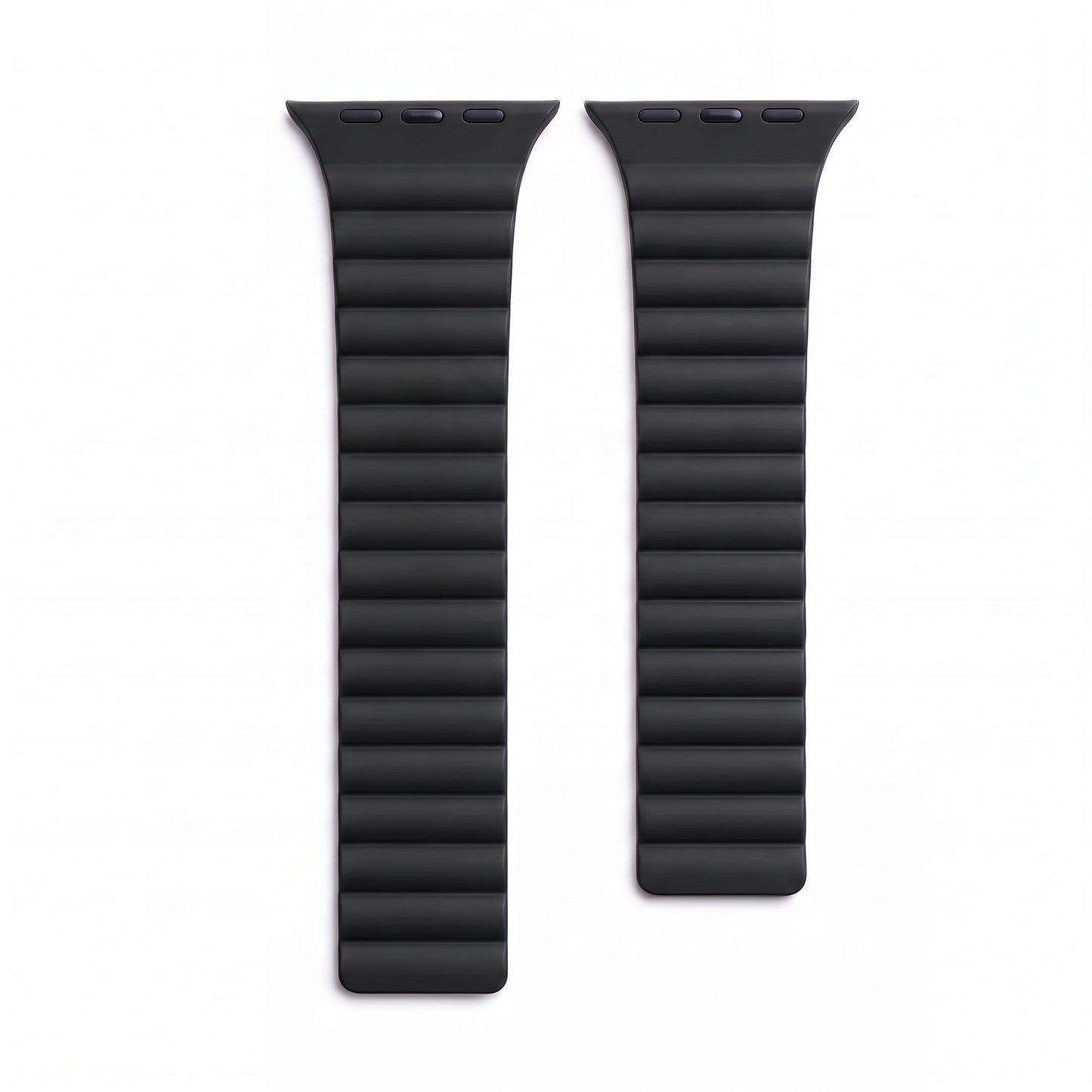 Zwei Teile eines schwarzen, gerippten Arktisband-Silikonarmbands Ligo für die Apple Watch.