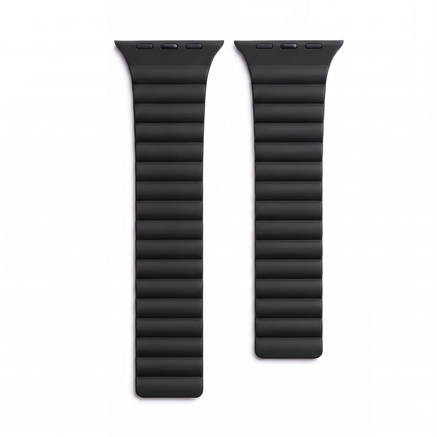 Zwei Teile eines schwarzen, gerippten Arktisband-Silikonarmbands Ligo für die Apple Watch.