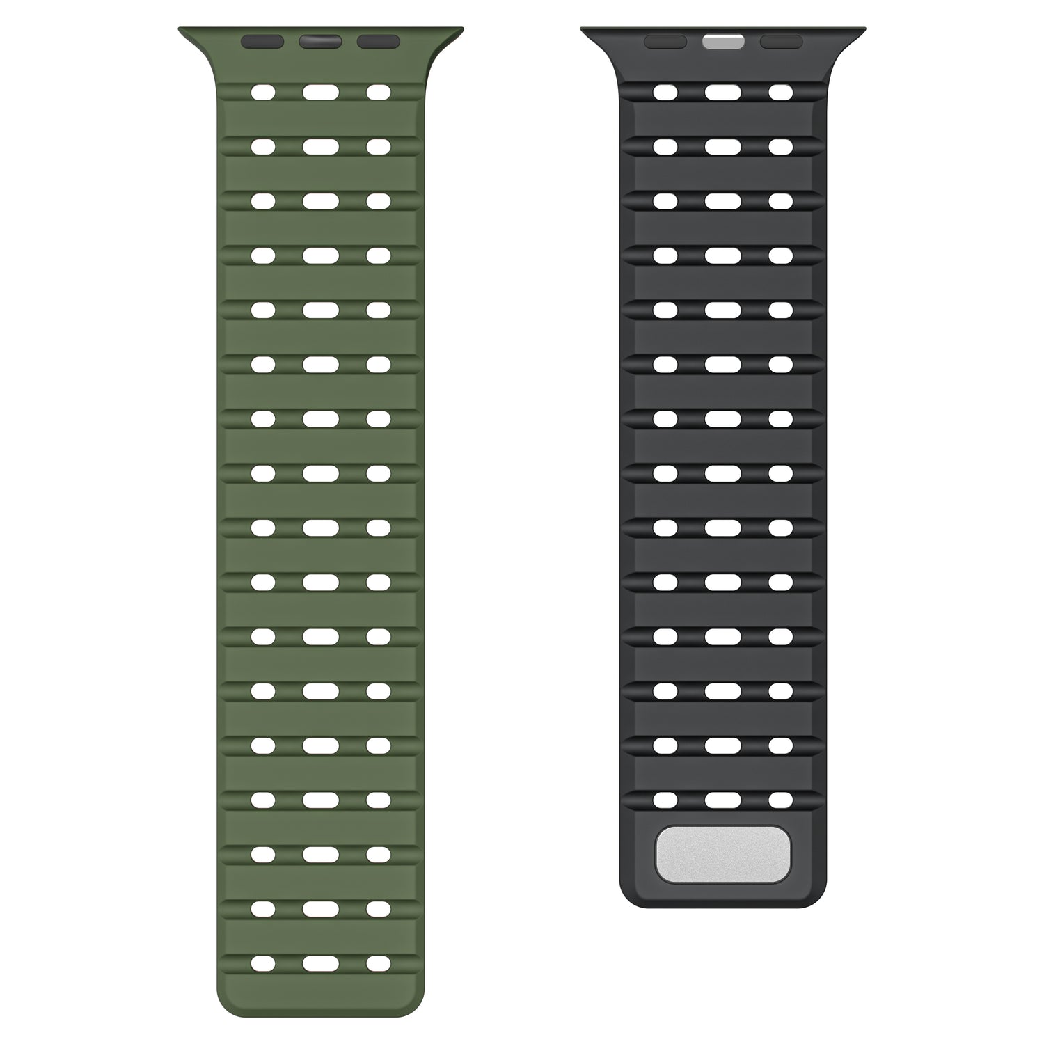 Das arktisband Apple Watch magnetisches Silikonarmband „Power“ von arktis ist in Olivgrün (links) und Schwarz (rechts) erhältlich, beide mit flachem Silikondesign, rechteckigen Löchern und Apple Watch-Kompatibilität. Das schwarze Band verfügt über einen silbernen Anschluss.