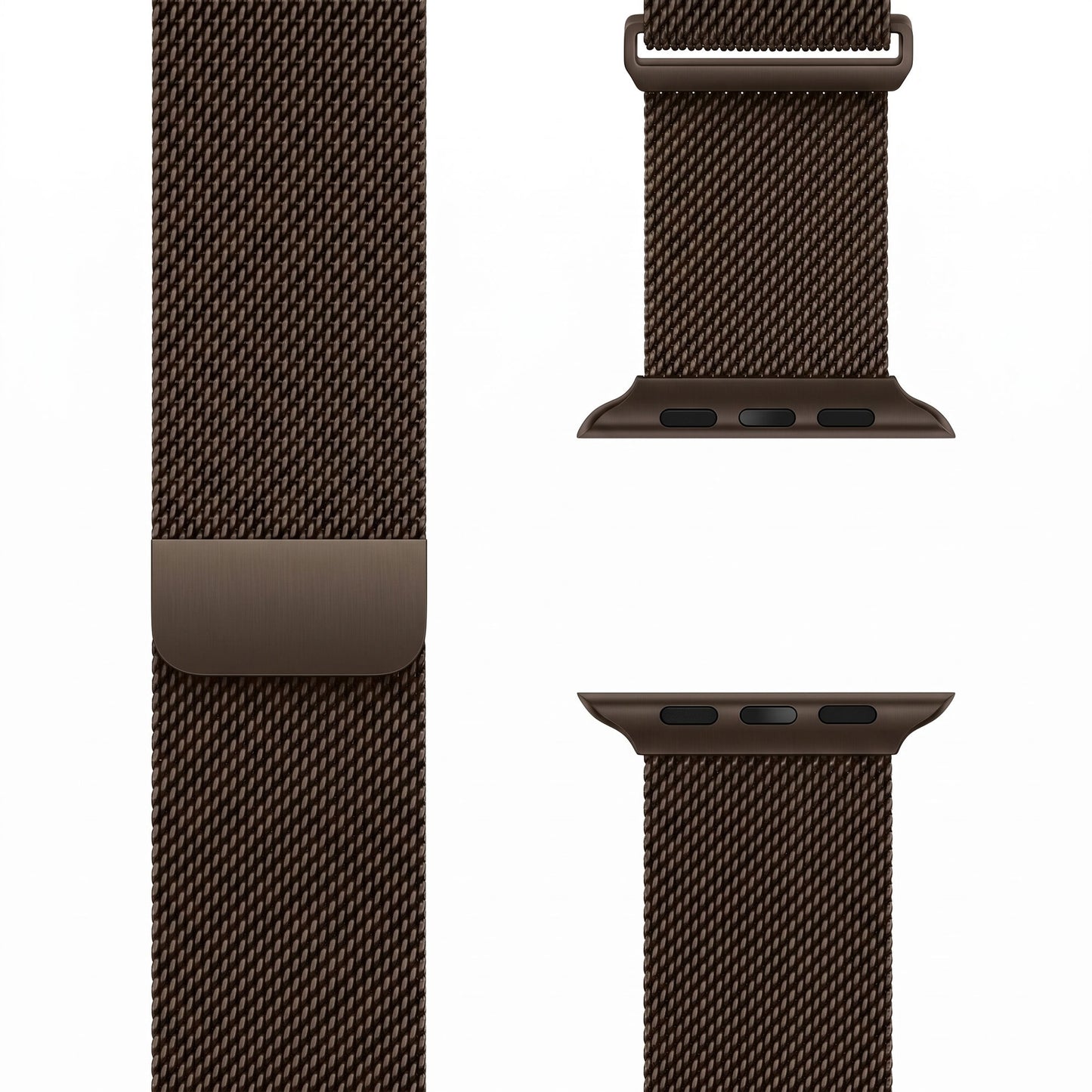 Nahaufnahme des „Arktisband“-Armbands für die Apple Watch im Milanaise-Loop-Stil in Braun, aus verschiedenen Blickwinkeln vor weißem Hintergrund.