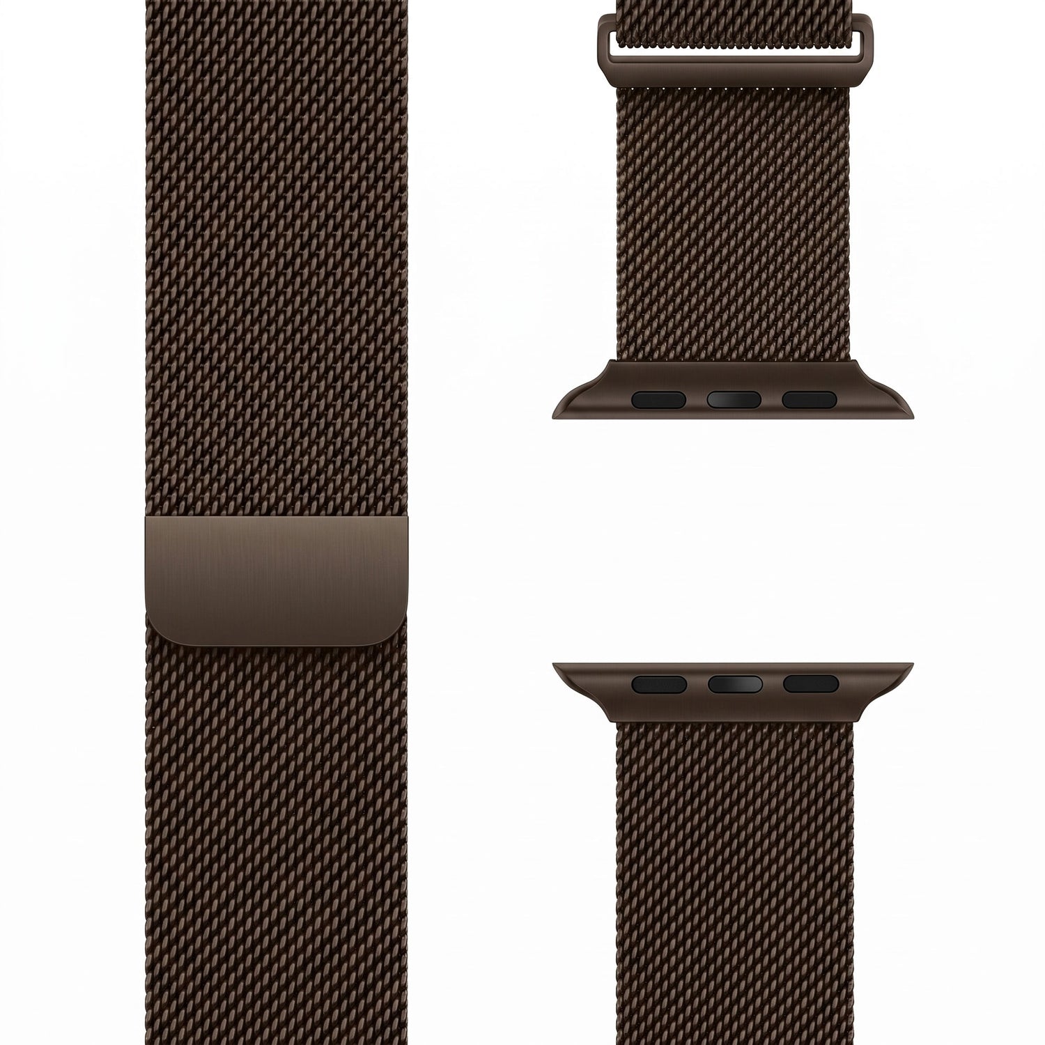Nahaufnahme des „Arktisband“-Armbands für die Apple Watch im Milanaise-Loop-Stil in Braun, aus verschiedenen Blickwinkeln vor weißem Hintergrund.