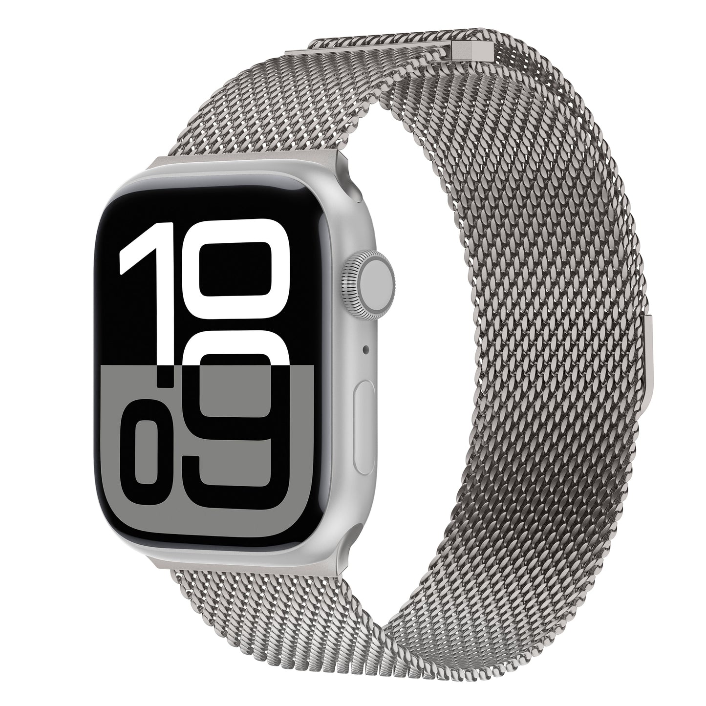 Das arktisband Apple Watch Milanaise Armband „Bold“ ist in Silber mit einem Edelstahlarmband im Milanaise-Stil erhältlich. Das Display zeigt 10:09 in fettgedruckten schwarz-weißen Ziffern an, wobei Krone und Seitenknopf sichtbar sind. Kompatibel mit der Apple Watch.