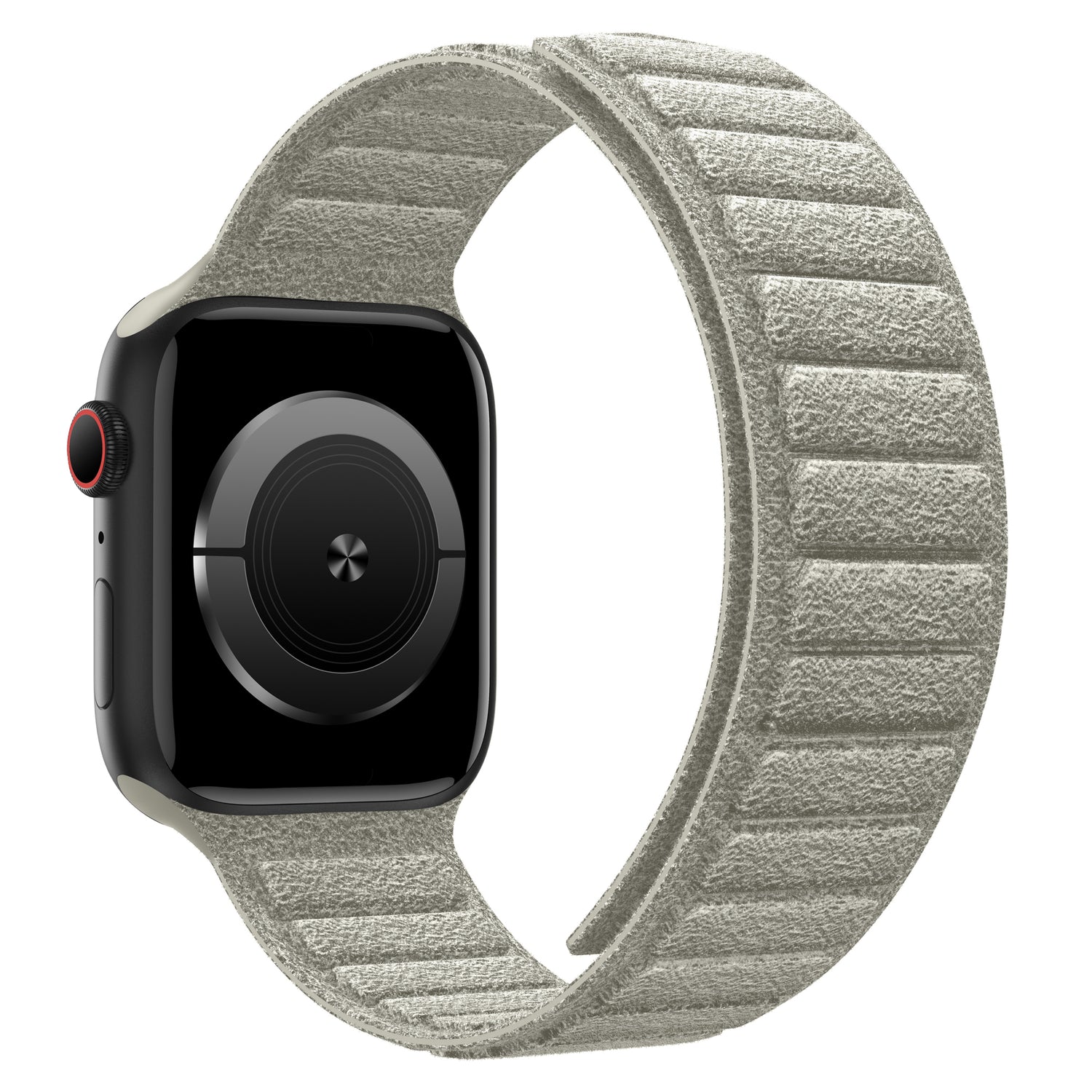 Ein graues arktisband Apple Watch Magnetband aus Alcantara, das in Italien hergestellt wird, ist auf weißem Hintergrund abgebildet.