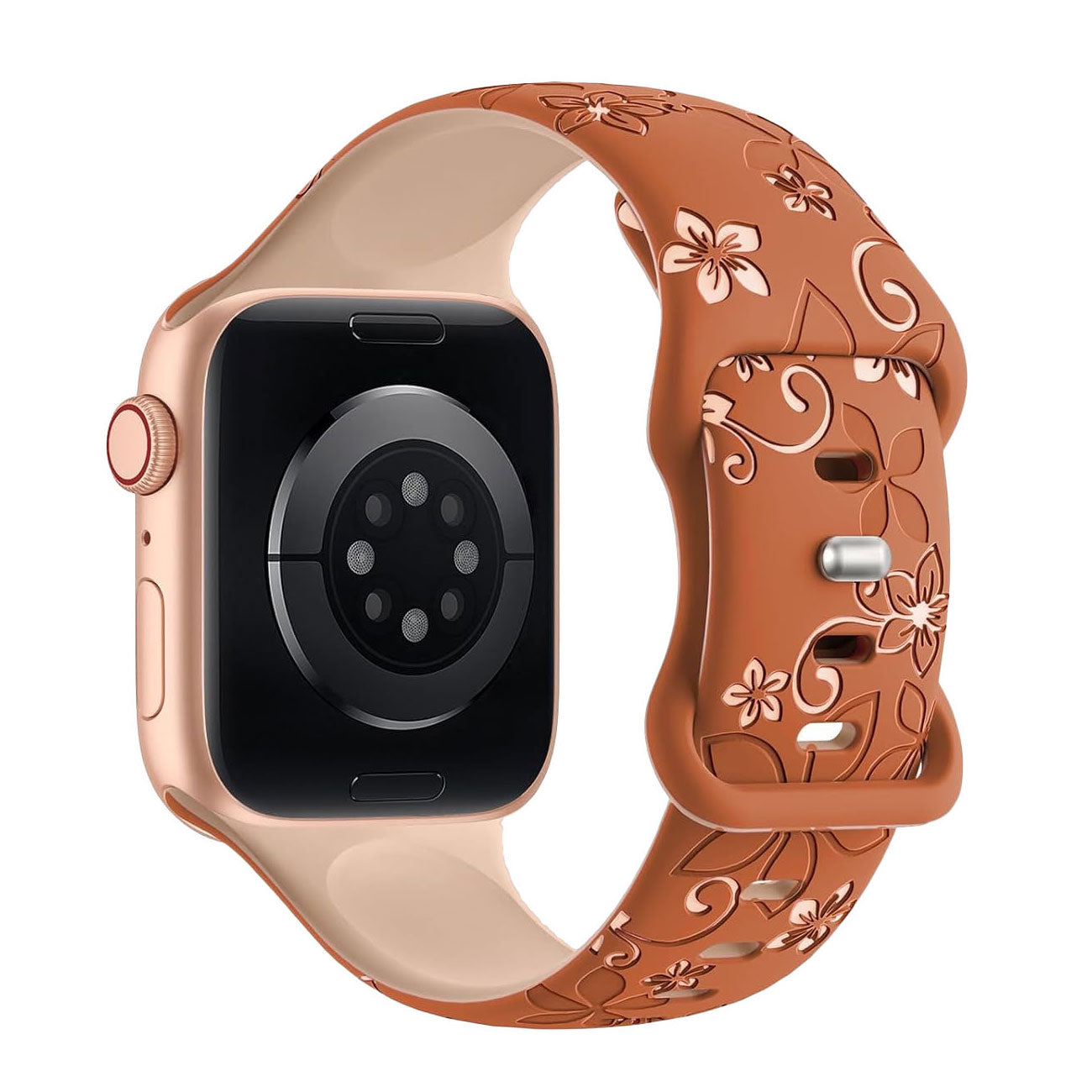 Das arktisband Apple Watch Silikonarmband "Bloom" in Roségold mit braunem Blumendesign, abgebildet von hinten mit sichtbaren Sensoren; kompatibel mit Apple Watch.