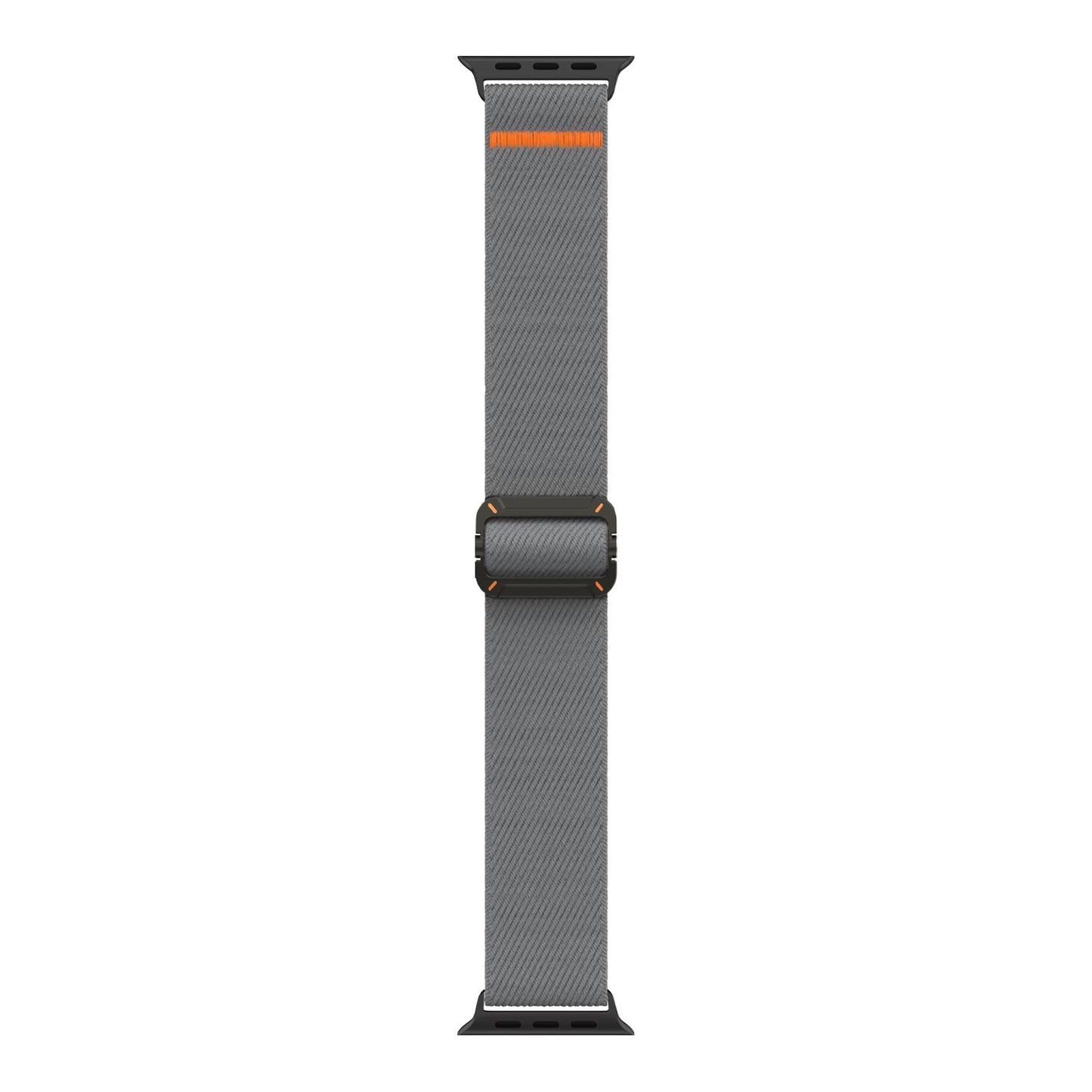 Das arktisband Apple Watch Nylonarmband "FlexOne" von arktisband ist ein graues Stretch-Nylonband mit schwarzen Anschlüssen und einem orangefarbenen Akzent, das vertikal vor einem weißen Hintergrund abgebildet ist.