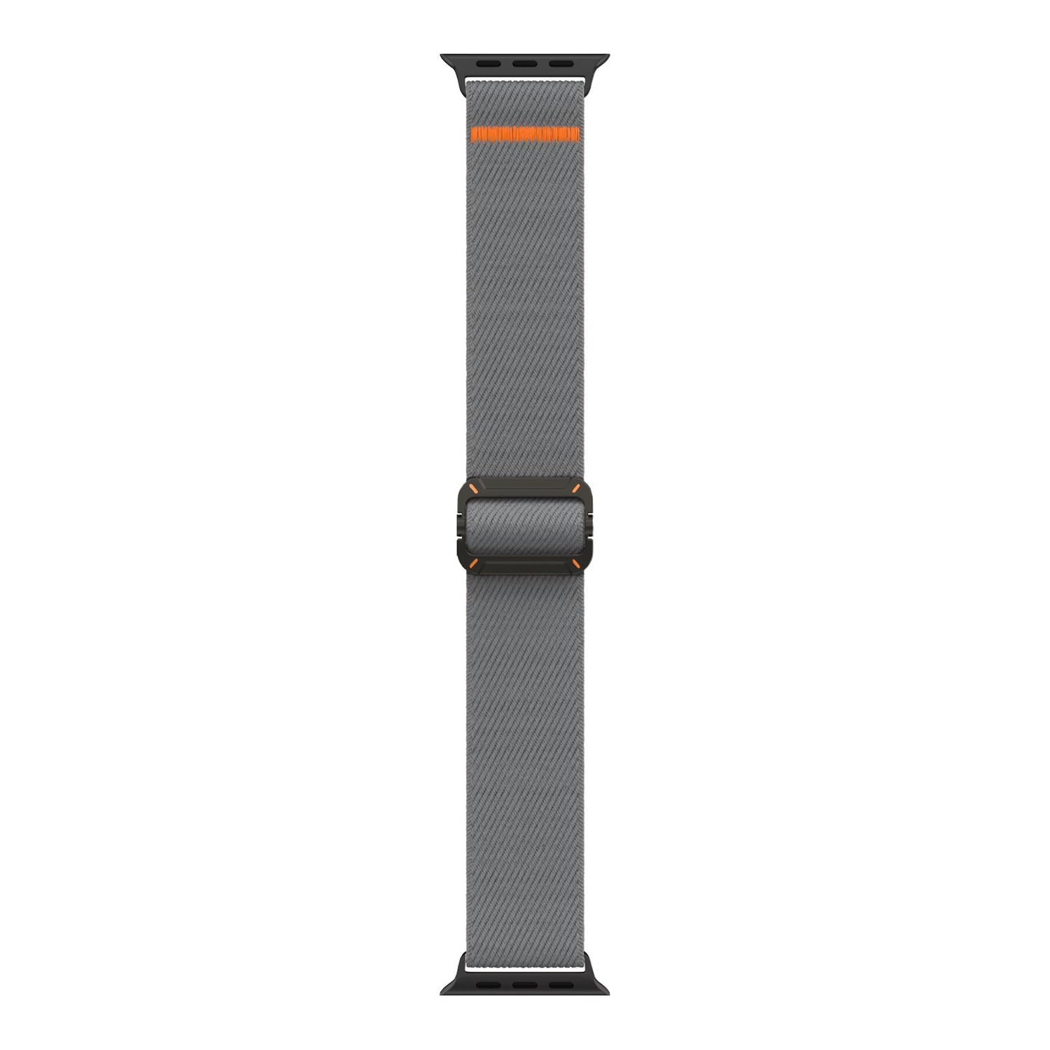 Das arktisband Apple Watch Nylonarmband "FlexOne" von arktisband ist ein graues Stretch-Nylonband mit schwarzen Anschlüssen und einem orangefarbenen Akzent, das vertikal vor einem weißen Hintergrund abgebildet ist.