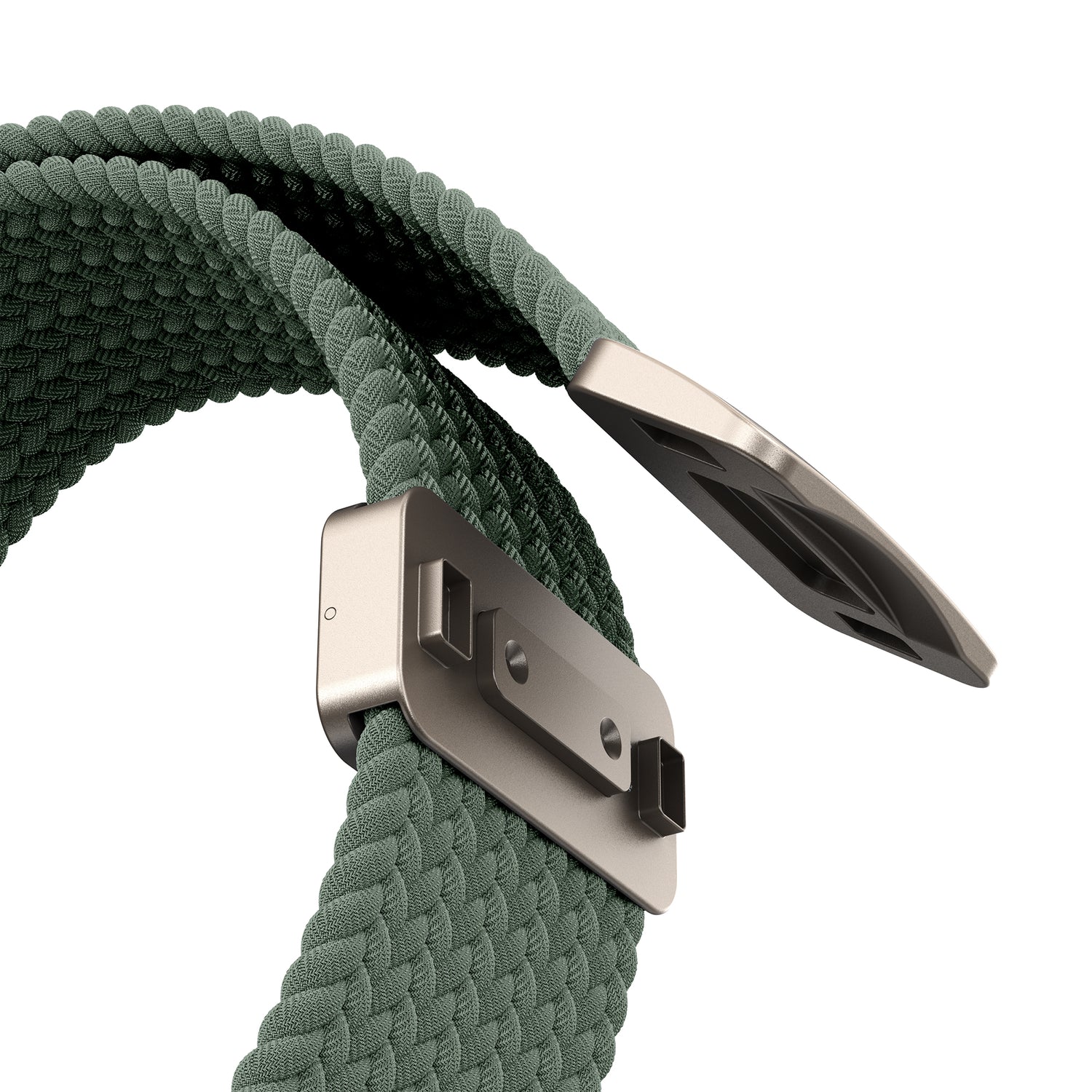 Nahaufnahme des arktisband Geflochtenes Apple Watch Ultra Armband "Casual" mit Magnetverschluss von arktisband, dargestellt in grün vor weißem Hintergrund.