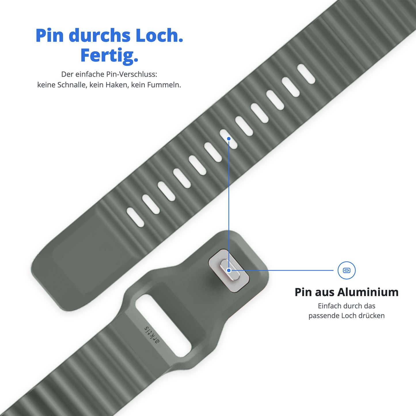 Das arktisband Apple Watch Sportarmband „Motion“ aus grauem Fluorelastomer verfügt über einen Verschluss mit Aluminiumstift und enthält eine deutsche Beschriftung, die auf den einfachen Stiftverschluss hinweist. Dieses arktisband Sportarmband wurde sowohl auf Komfort als auch auf Langlebigkeit ausgelegt und ist somit der perfekte Begleiter für einen aktiven Lebensstil.