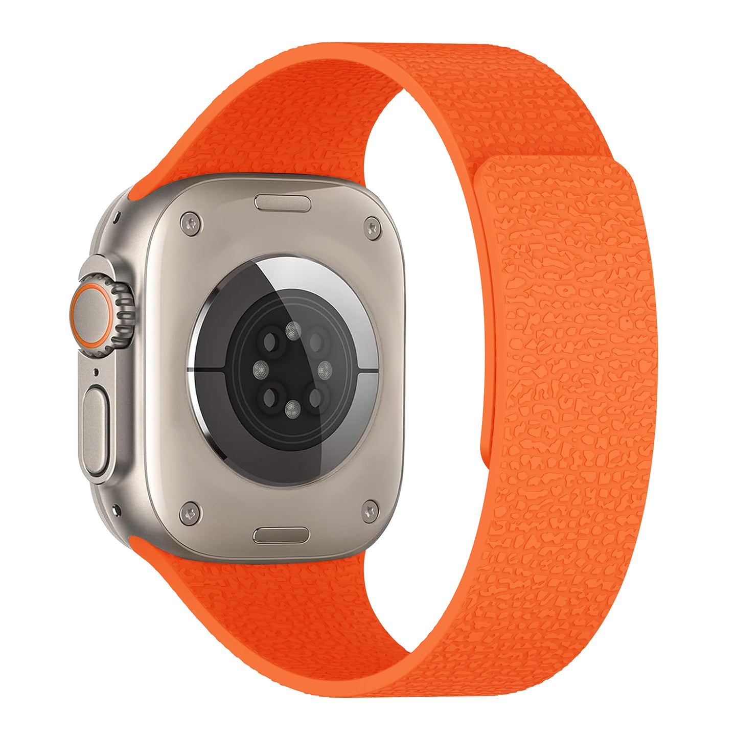 Das Arktisband Apple Watch magnetisches Silikonarmband "Flexy" zeigt sich in Orange mit einer strukturierten Optik, die den hinteren Sensorbereich und den sicheren Magnetverschluss hervorhebt.