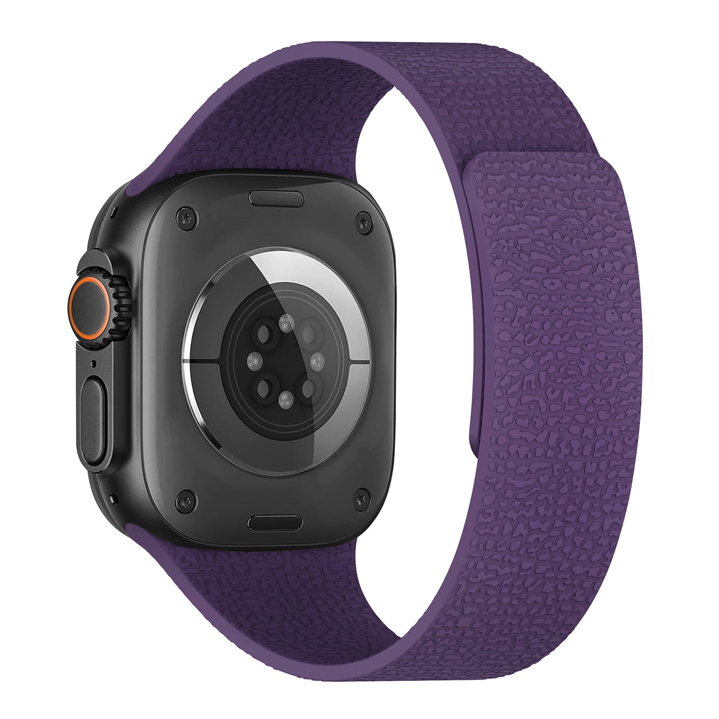 Eine intelligente Uhr mit einem strukturierten lila Arktisband Apple Watch magnetisches Silikonarmband "Flexy", gezeigt von hinten auf einem weißen Hintergrund.