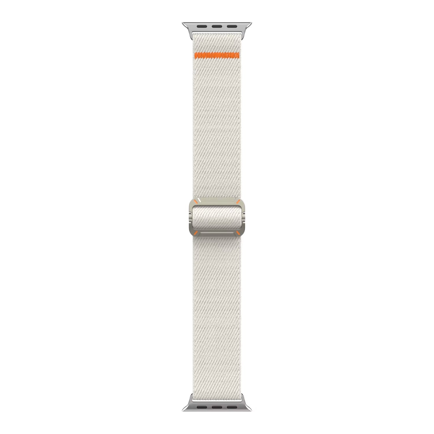 Das arktisband Apple Watch Nylonarmband "FlexOne" ist ein weißes, gewebtes Band mit einer silbernen Schließe und einem kleinen orangen Akzent, kompatibel mit der Apple Watch und vertikal dargestellt.