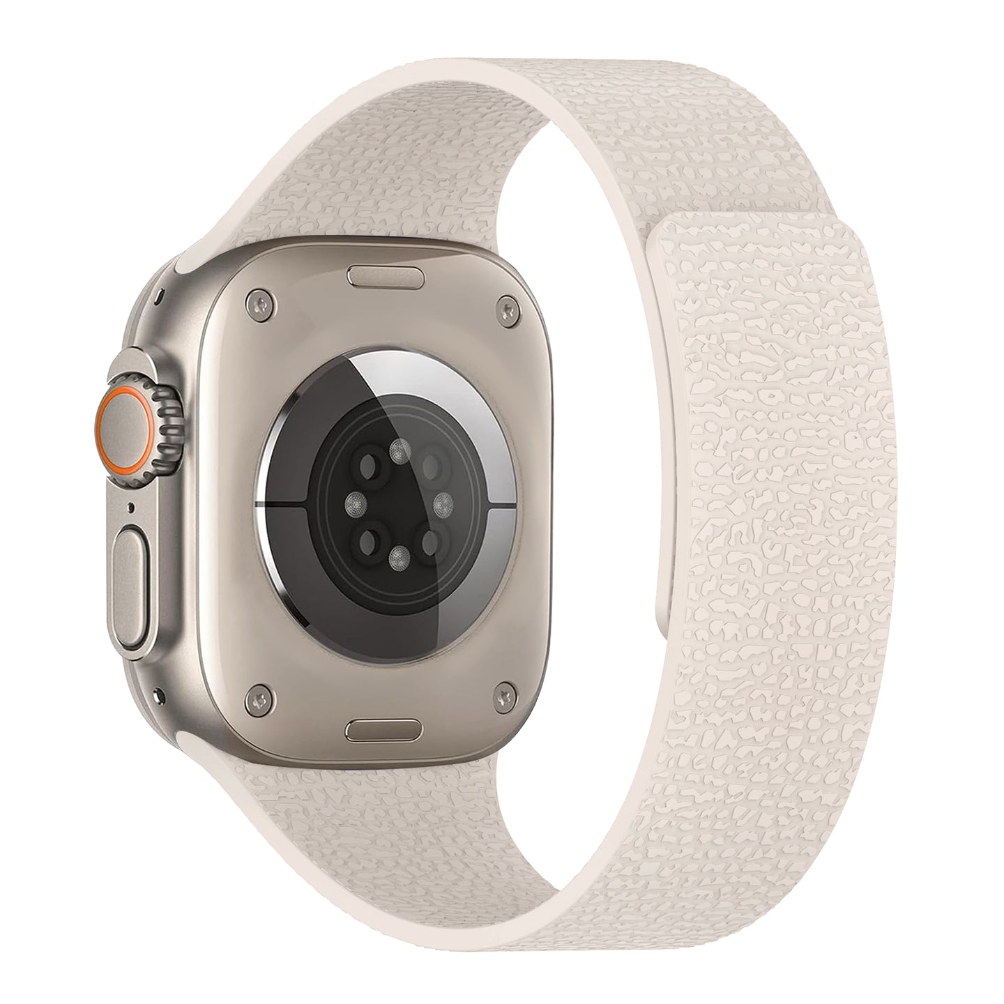 Arktisband Apple Watch magnetisches Silikonarmband "Flexy" in Weiß mit Magnetverschluss, am Smartwatch-Gehäuse mit sichtbarem Sensor auf der Rückseite aus schräger Seitenansicht gezeigt.