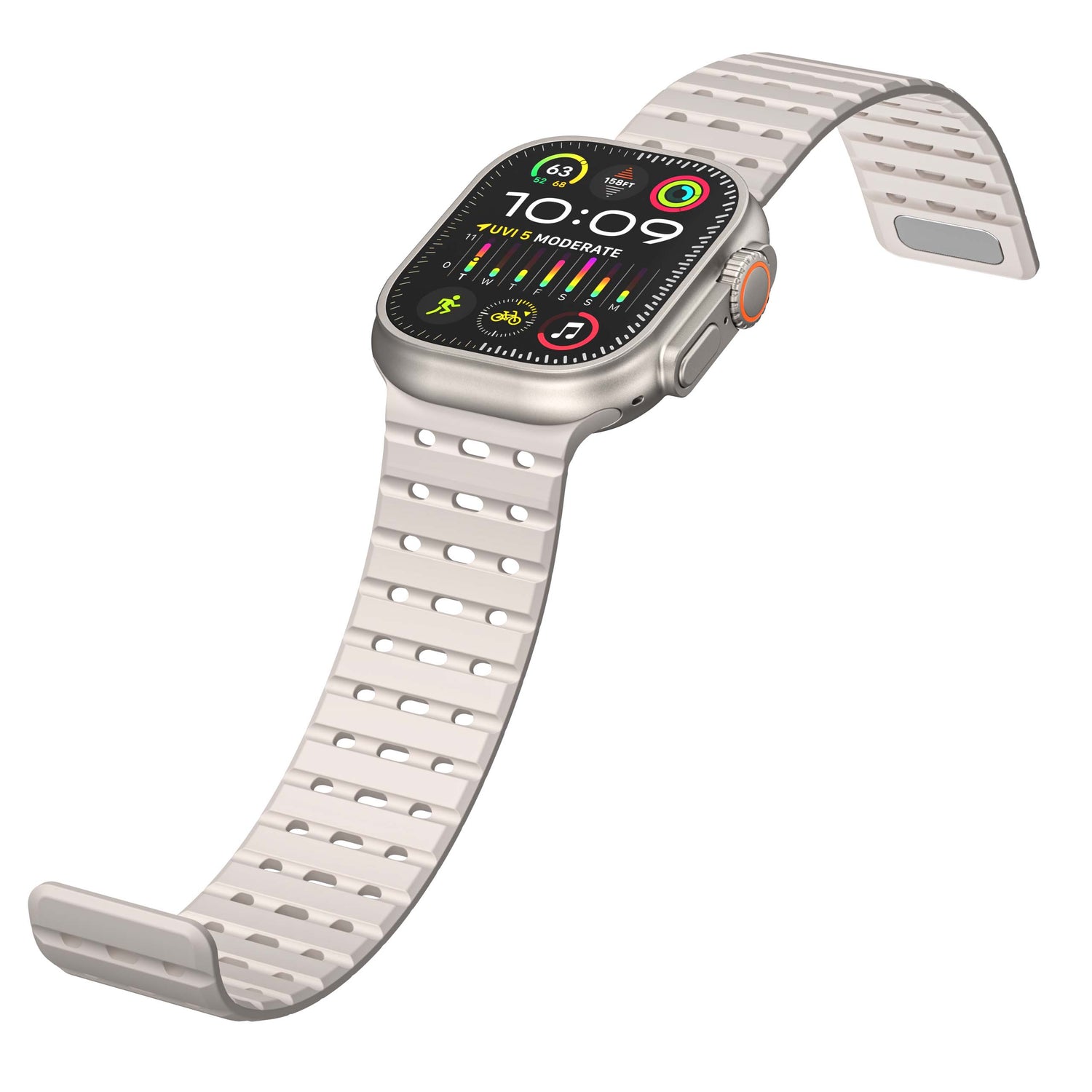 Das magnetische Silikonarmband „Power“ von arktis für die Apple Watch ist in Silber mit weißem, perforiertem Armband erhältlich. Das schräg angeordnete Zifferblatt zeigt 10:09 Uhr mit farbigen Gesundheits- und Aktivitätsanzeigen. Kompatibel mit der Apple Watch.