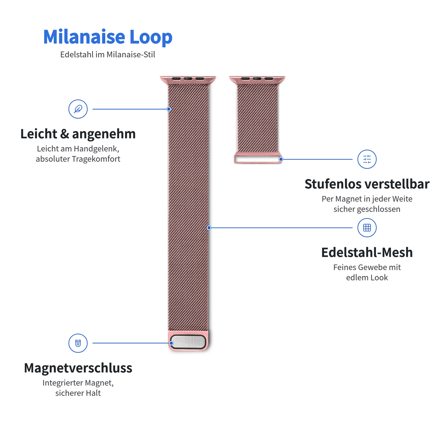 Arktisband Apple Watch Milanaise Loop: roségoldfarbenes Gitterarmband, längenverstellbar, Magnetverschluss und elegante Leichtigkeit aus Edelstahl.