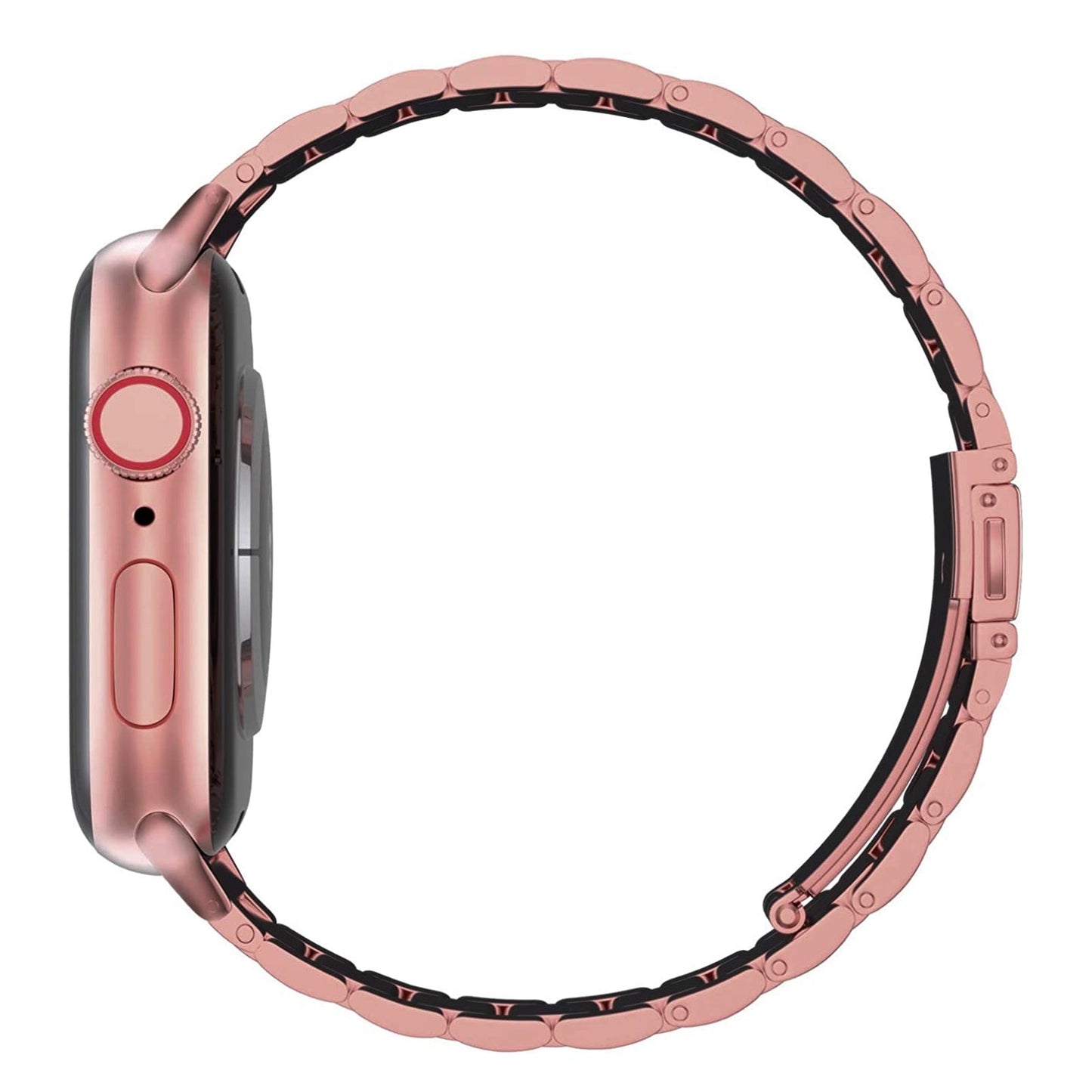 Seitenansicht des arktisband Apple Watch Gliederarmbandes "Arctica" in Roségold mit einem passenden Metallgliederband von arktisband, dargestellt auf weißem Hintergrund.