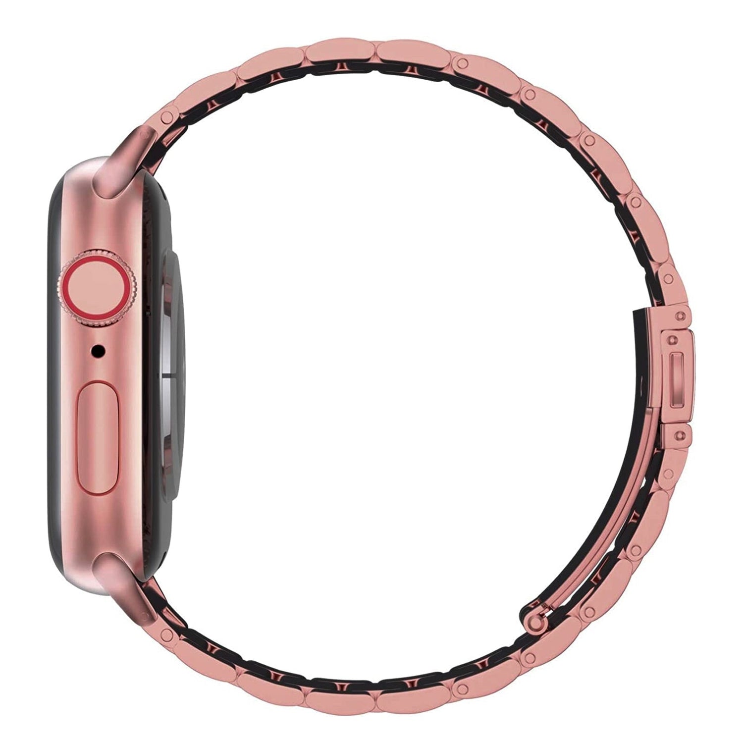 Seitenansicht des arktisband Apple Watch Gliederarmbandes "Arctica" in Roségold mit einem passenden Metallgliederband von arktisband, dargestellt auf weißem Hintergrund.