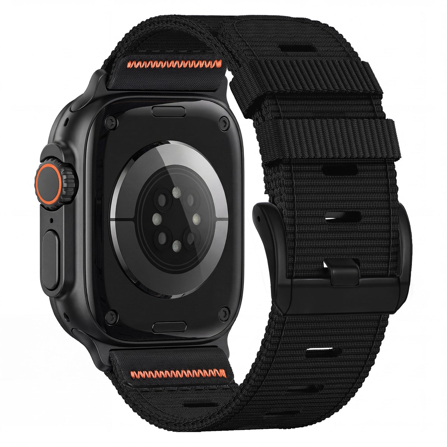 Das arktisband Apple Watch Armband "Terra" verleiht Ihrer schwarzen Apple Watch Ultra mit seinem extrabreiten Nylon-Design, den orangefarbenen Nähten und den orangefarbenen Akzenten der digitalen Krone einen auffälligen Touch.
